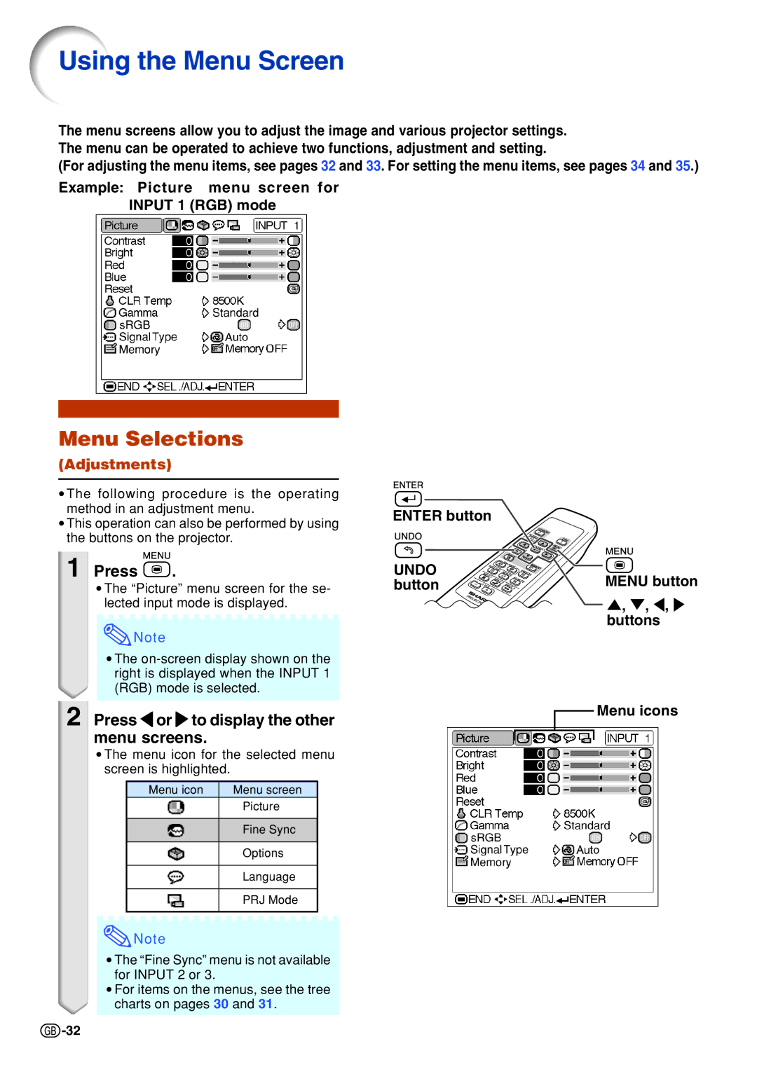 Sharp PG-B10S Using the Menu Screen, Menu Selections, Press \or to display the other menu screens, Adjustments 