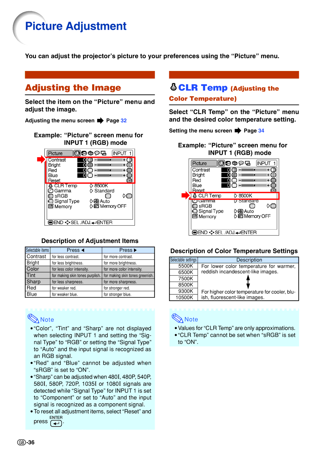 Sharp PG-B10S Picture Adjustment, Adjusting the Image, Select the item on the Picture menu and adjust the image 