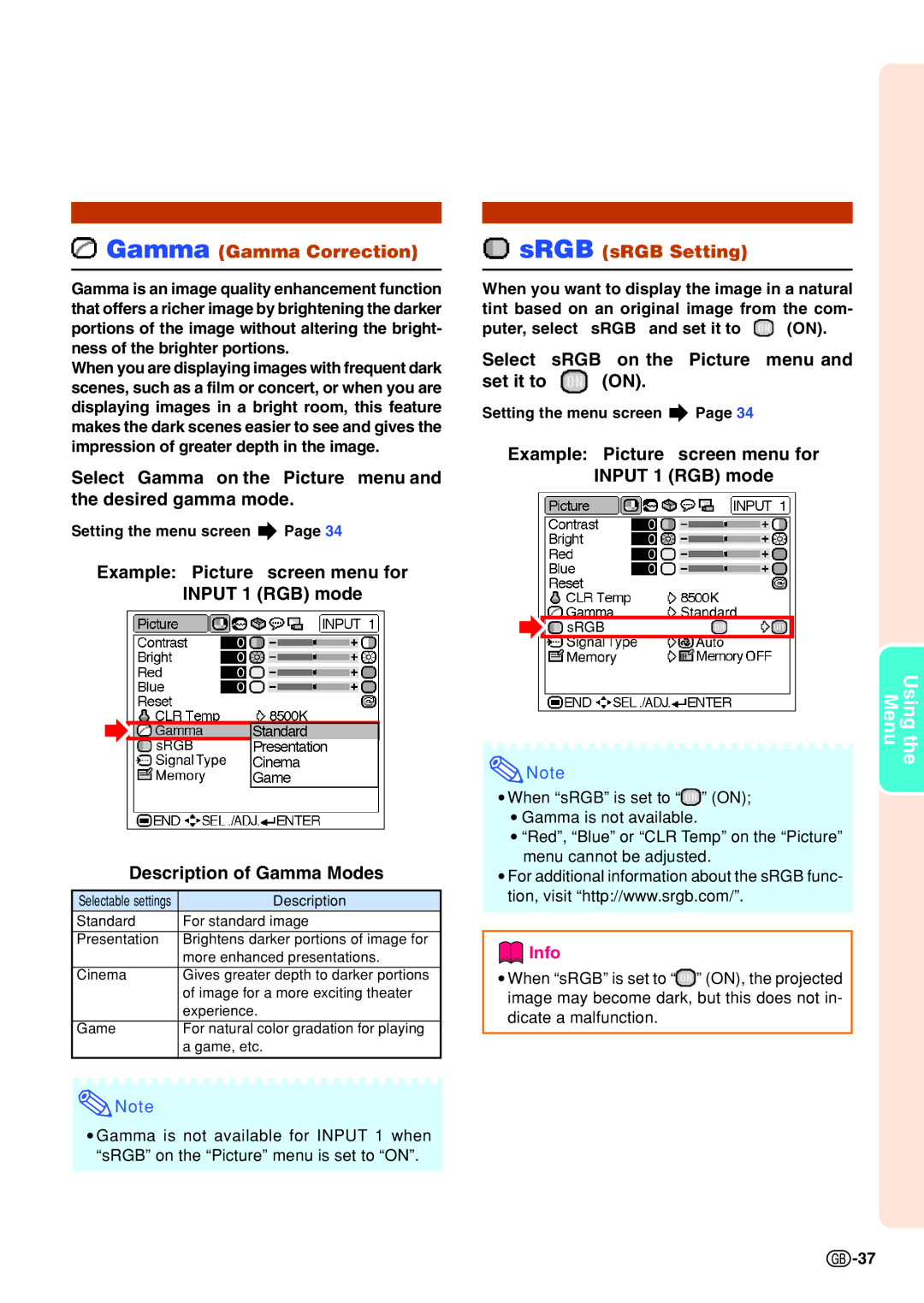 Sharp PG-B10S Gamma Gamma Correction, Select Gamma on the Picture menu and the desired gamma mode, SRGB sRGB Setting 