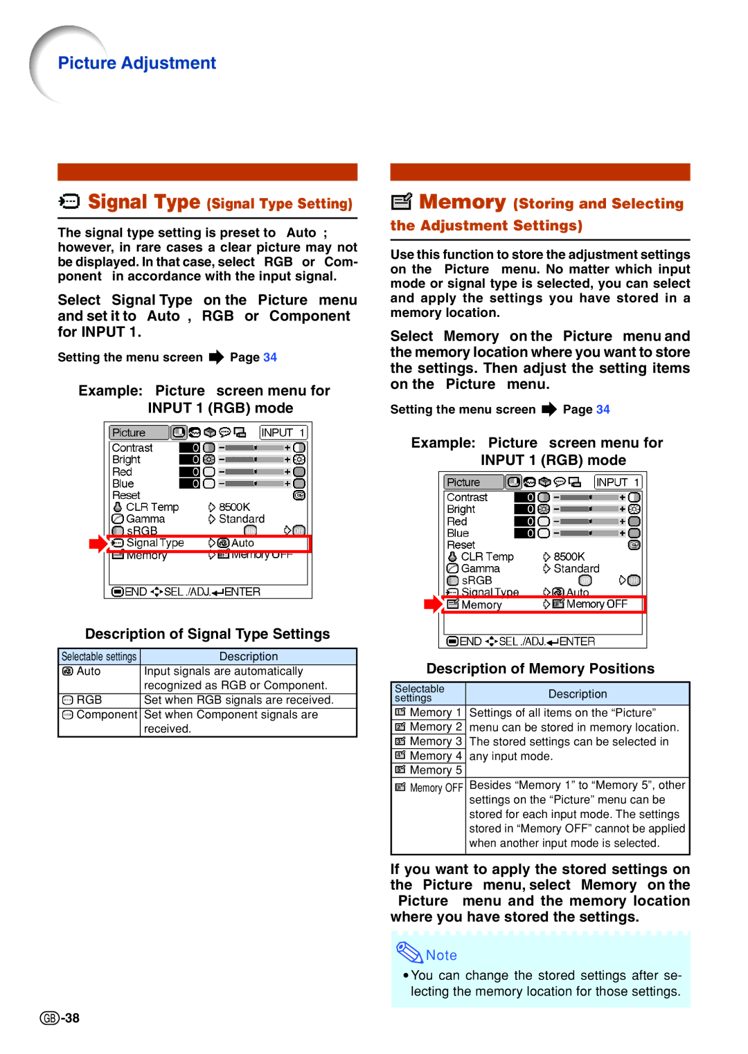 Sharp PG-B10S operation manual Signal Type Signal Type Setting, Memory Storing and Selecting the Adjustment Settings 