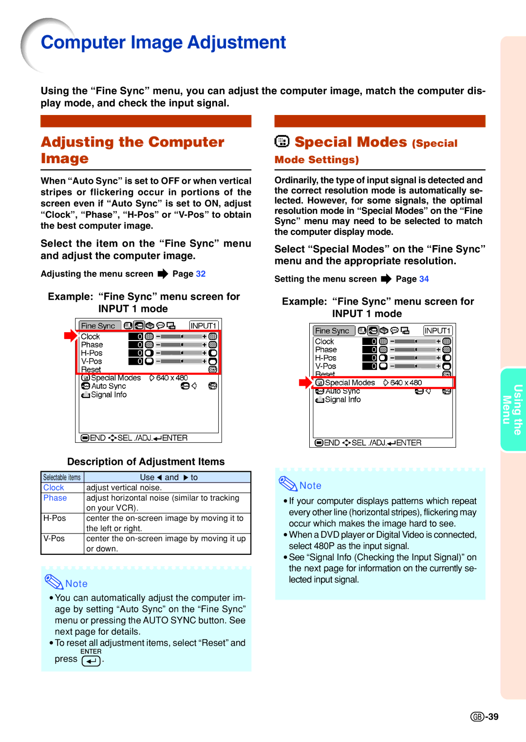 Sharp PG-B10S operation manual Computer Image Adjustment, Adjusting the Computer Image Special Modes Special, Mode Settings 