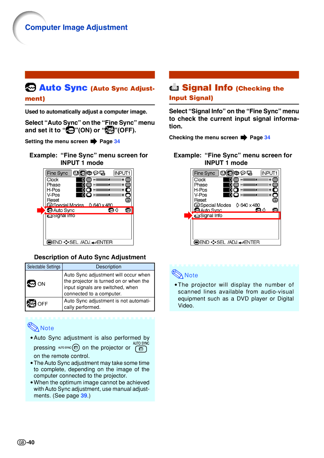 Sharp PG-B10S operation manual Auto Sync Auto Sync Adjust- ment, Signal Info Checking the Input Signal 