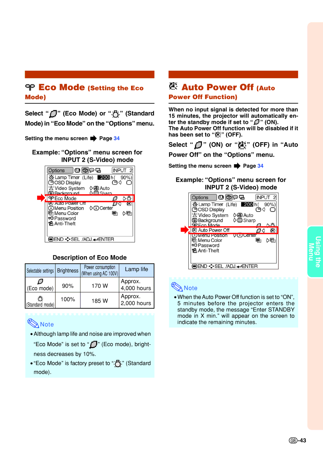 Sharp PG-B10S operation manual Auto Power Off Auto, Eco Mode Setting the Eco Mode, Power Off Function 