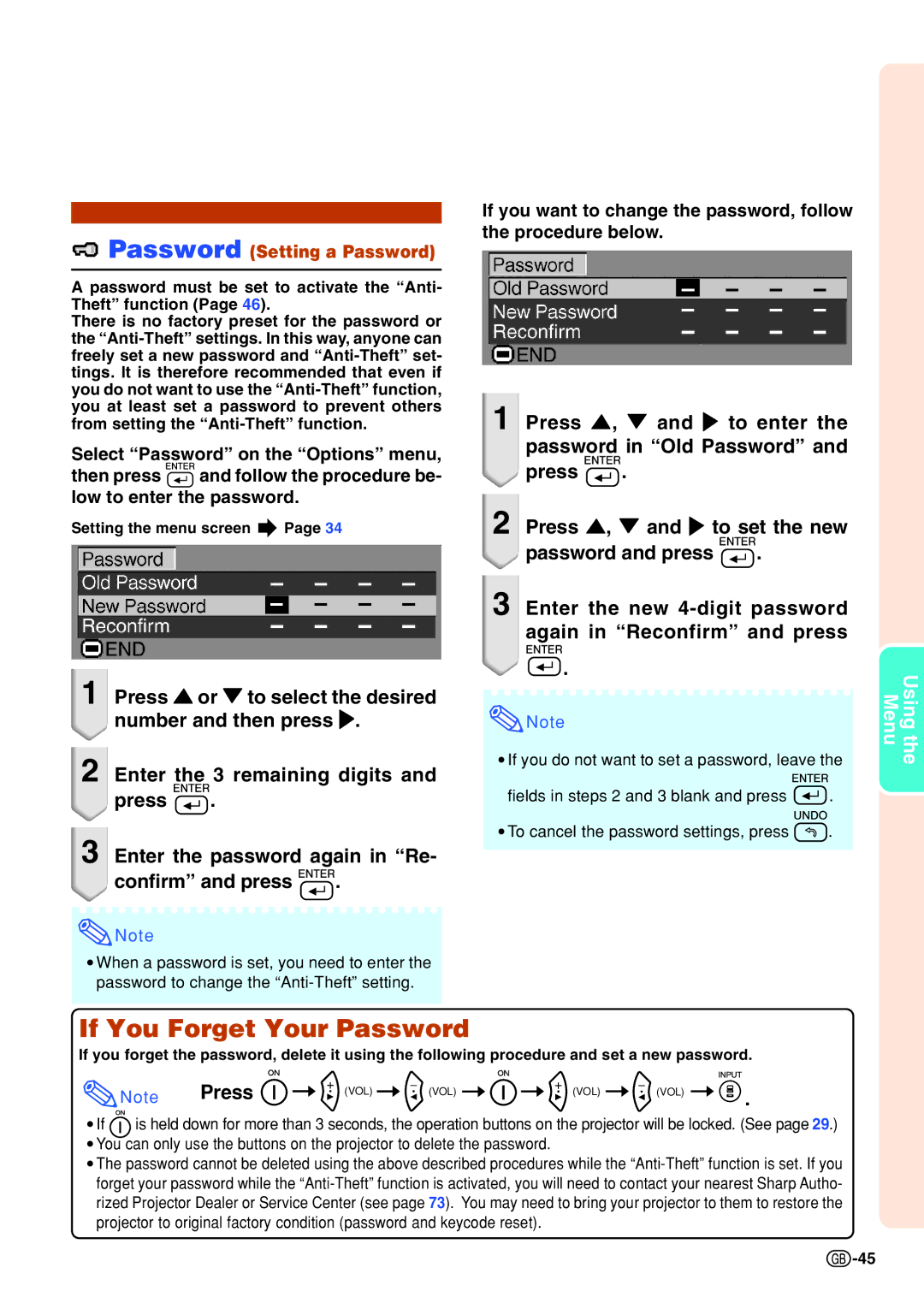 Sharp PG-B10S operation manual If You Forget Your Password, Password Setting a Password 