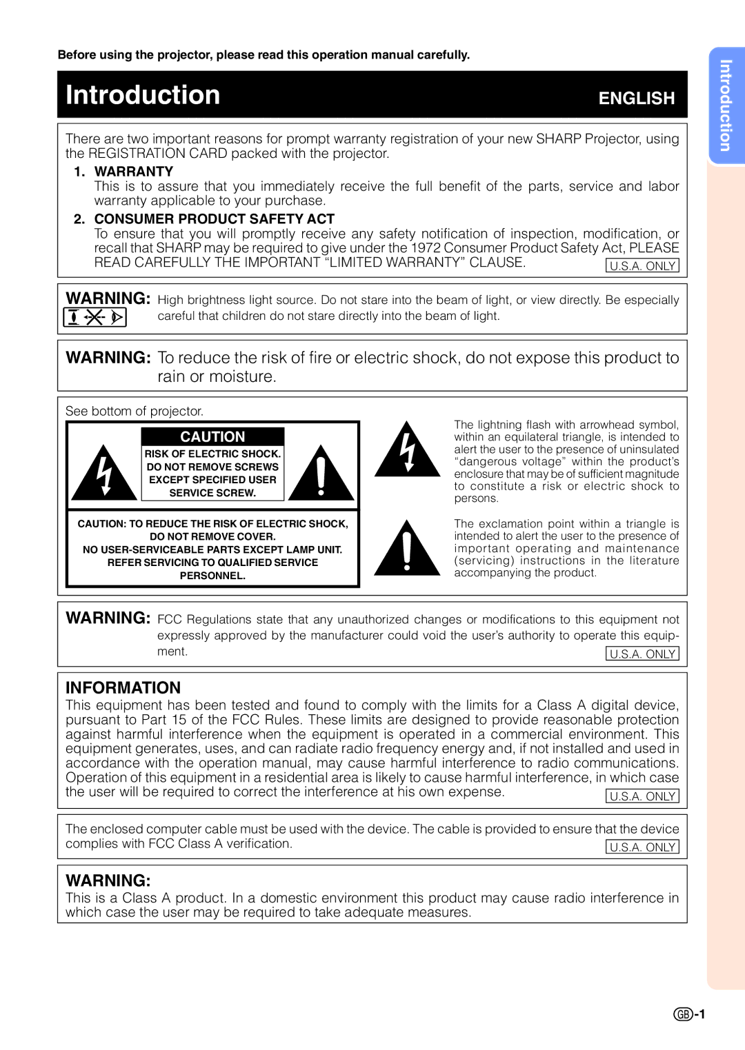 Sharp PG-B10S operation manual Introduction 