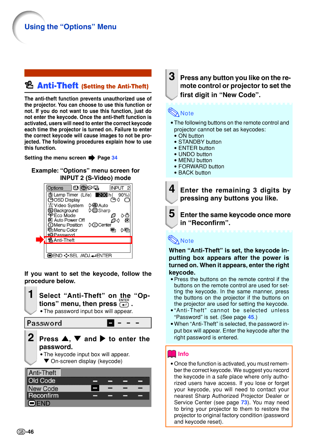 Sharp PG-B10S operation manual Select Anti-Theft on the Op Tions menu, then press, Press , and to enter the password 