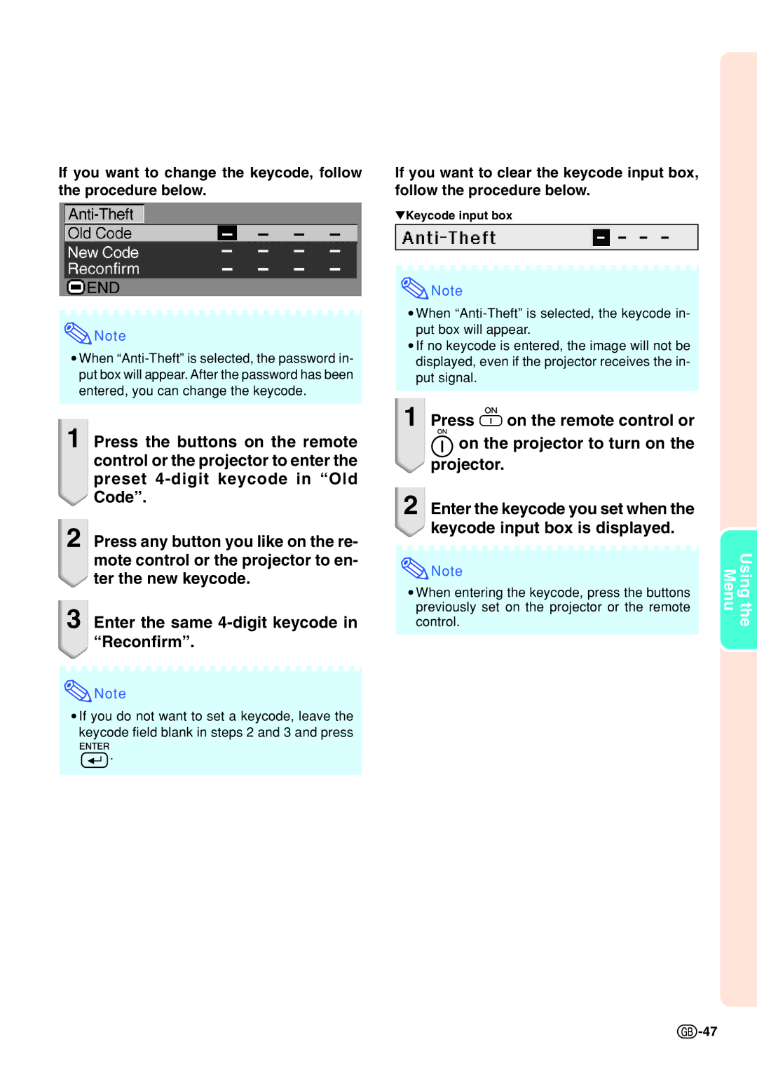 Sharp PG-B10S operation manual Keycode input box 