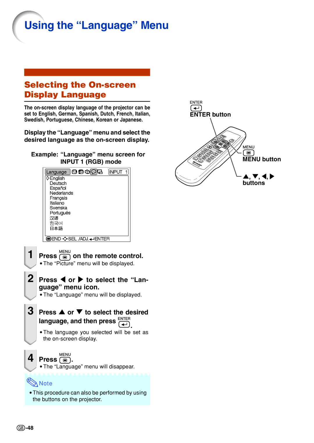 Sharp PG-B10S Using the Language Menu, Selecting the On-screen Display Language, Press on the remote control 