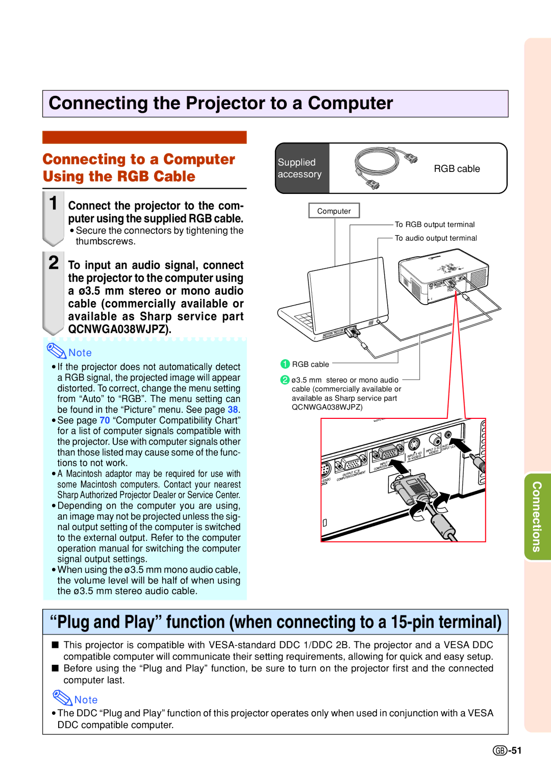 Sharp PG-B10S operation manual Connecting the Projector to a Computer, Connecting to a Computer Using the RGB Cable 