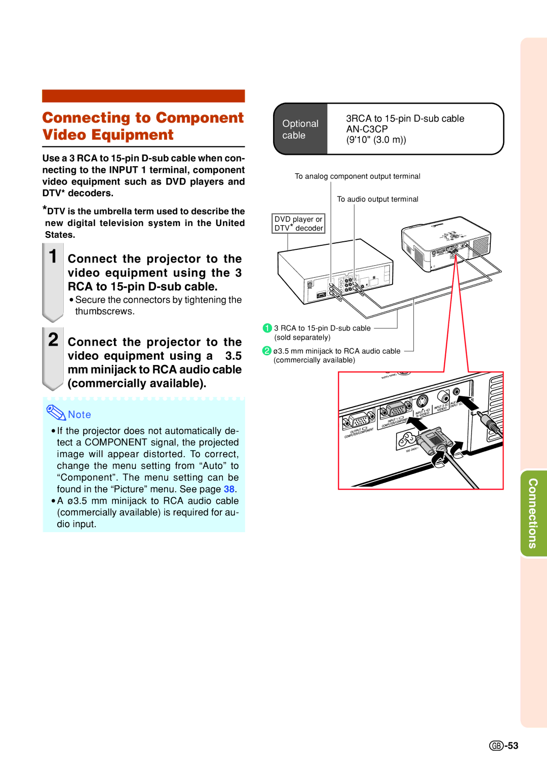 Sharp PG-B10S operation manual Connecting to Component Video Equipment, Cable 