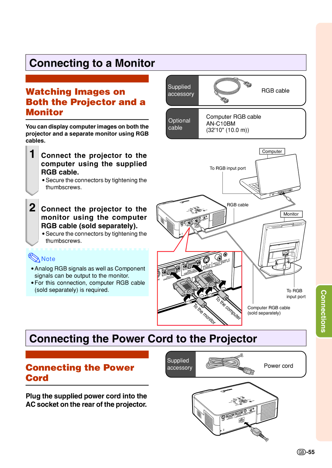 Sharp PG-B10S operation manual Watching Images on Both the Projector and a Monitor, Connecting the Power, Cord 