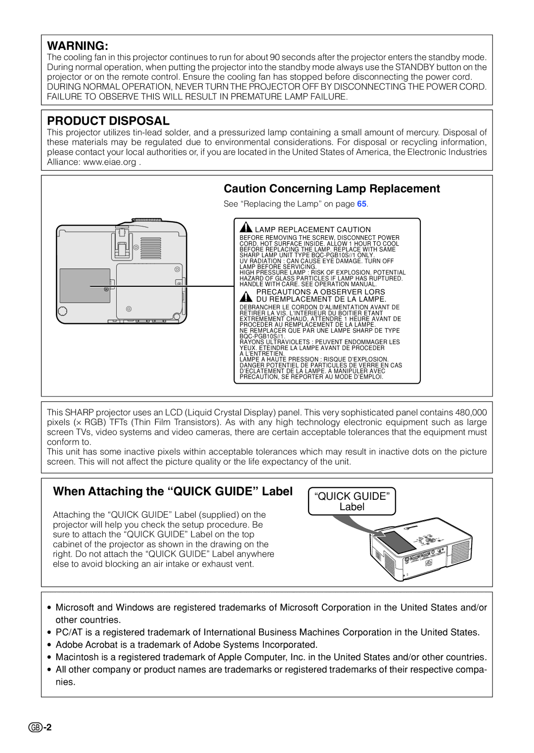 Sharp PG-B10S operation manual Product Disposal, When Attaching the Quick Guide Label 