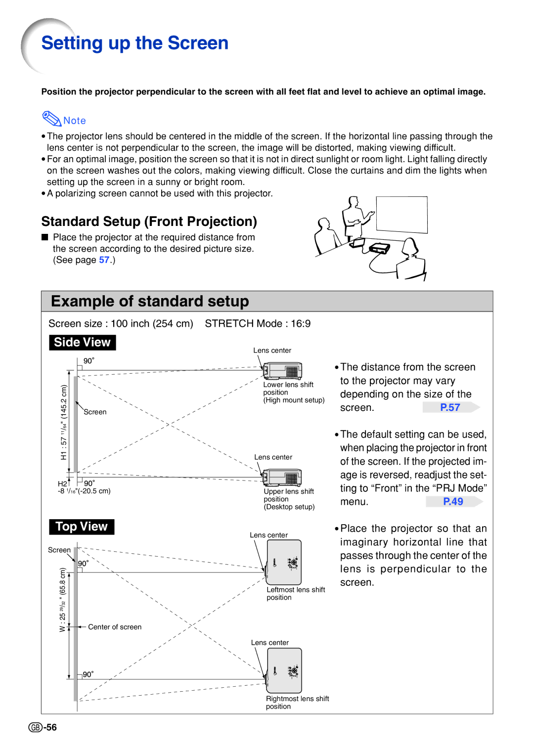 Sharp PG-B10S operation manual Setting up the Screen, Standard Setup Front Projection 