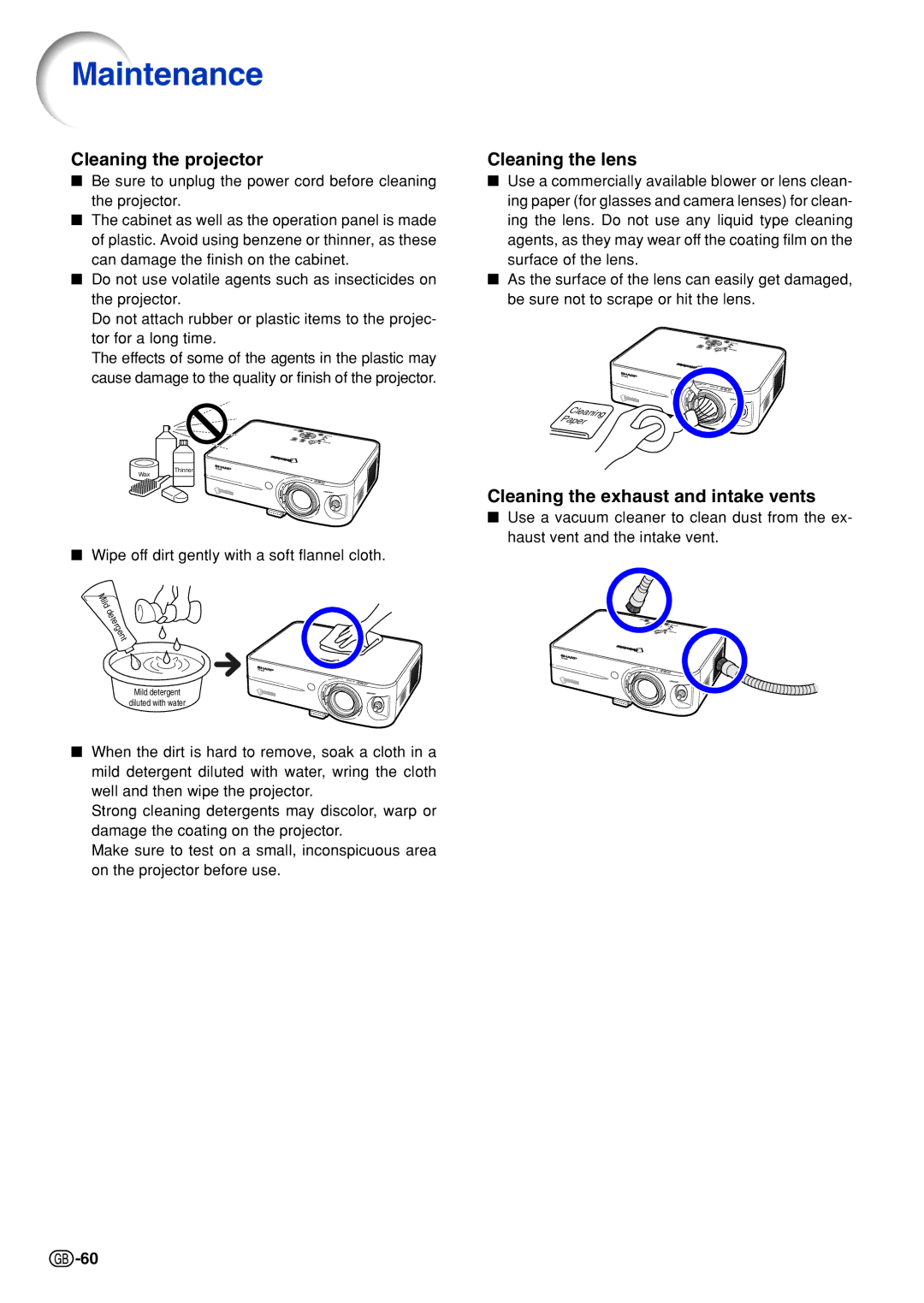 Sharp PG-B10S Maintenance, Cleaning the projector, Cleaning the lens, Cleaning the exhaust and intake vents 