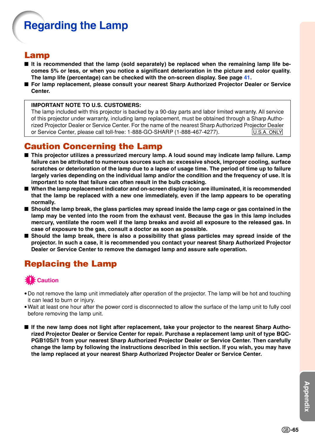 Sharp PG-B10S operation manual Regarding the Lamp, Replacing the Lamp 