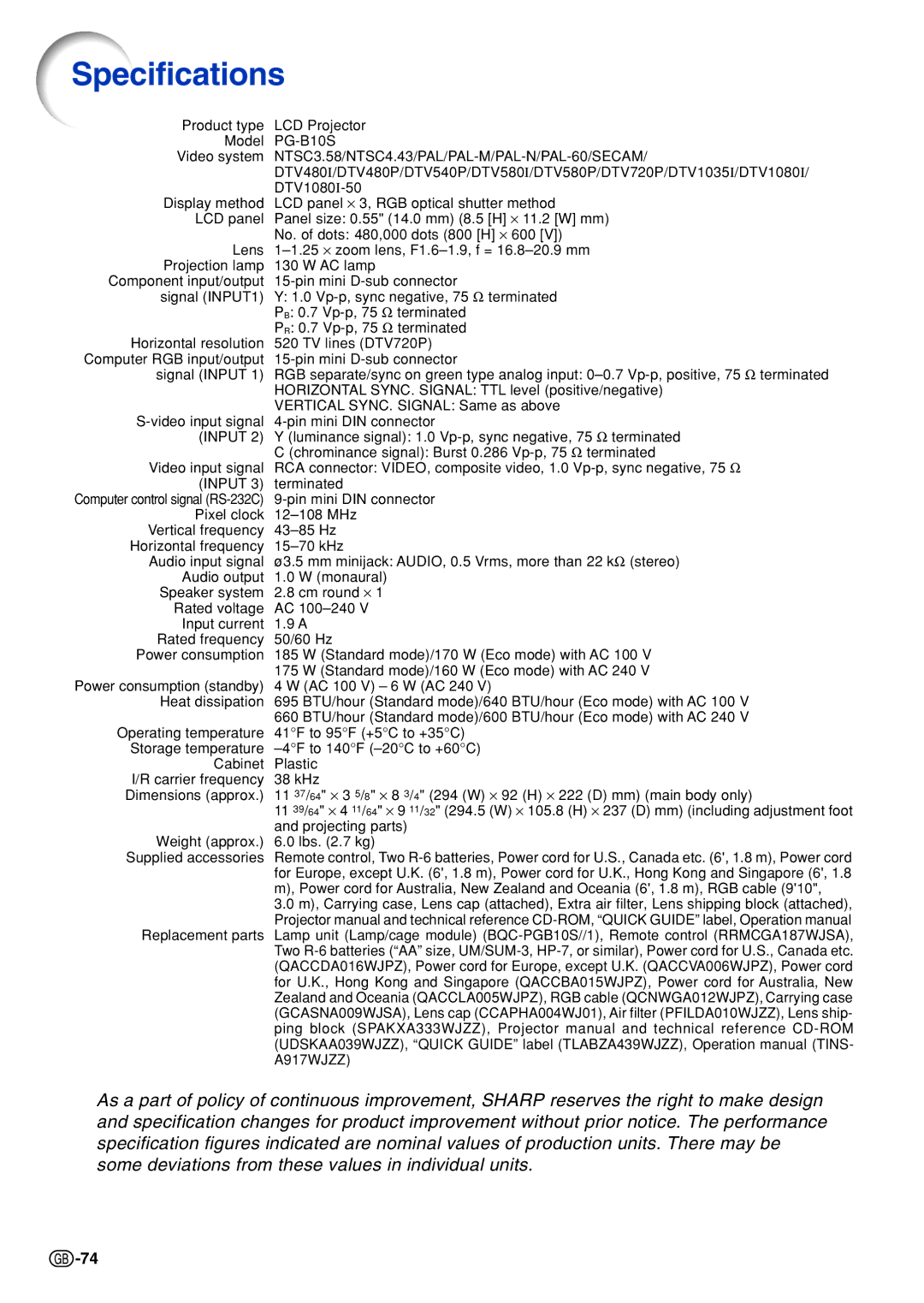 Sharp PG-B10S operation manual Specifications, NTSC3.58/NTSC4.43/PAL/PAL-M/PAL-N/PAL-60/SECAM 