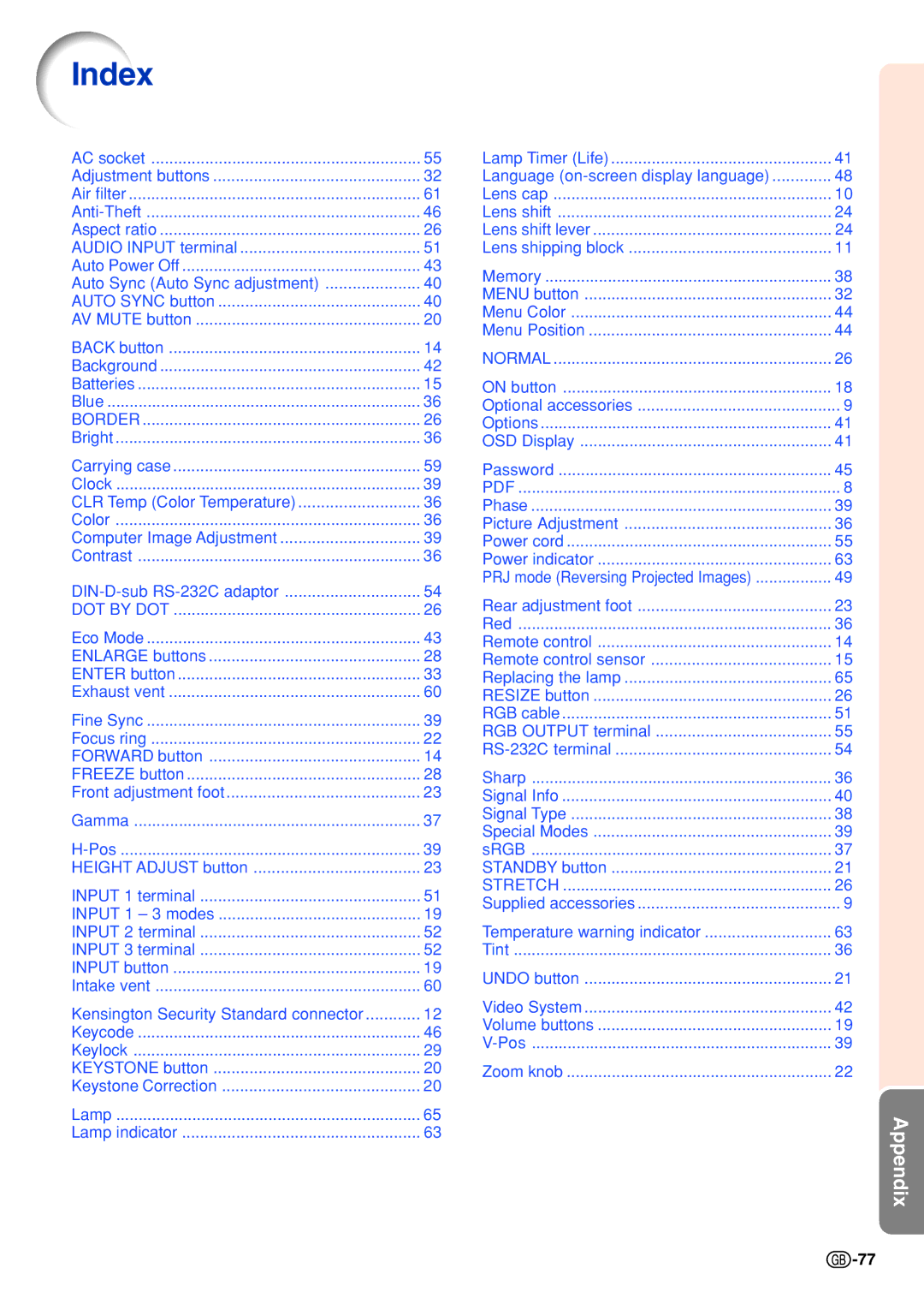 Sharp PG-B10S operation manual Index, Border 