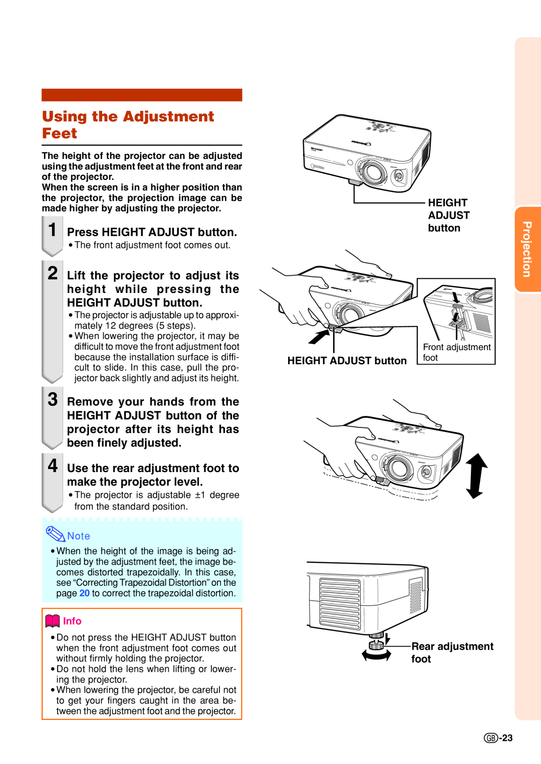 Sharp PG-B10S operation manual Using the Adjustment Feet, Press HEIGHT ADJUST button, Height, Info 
