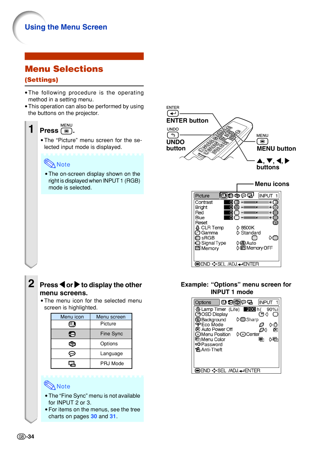 Sharp PG-B10S Using the Menu Screen, Settings, Example “Options” menu screen for INPUT 1 mode, Menu Selections, Press 