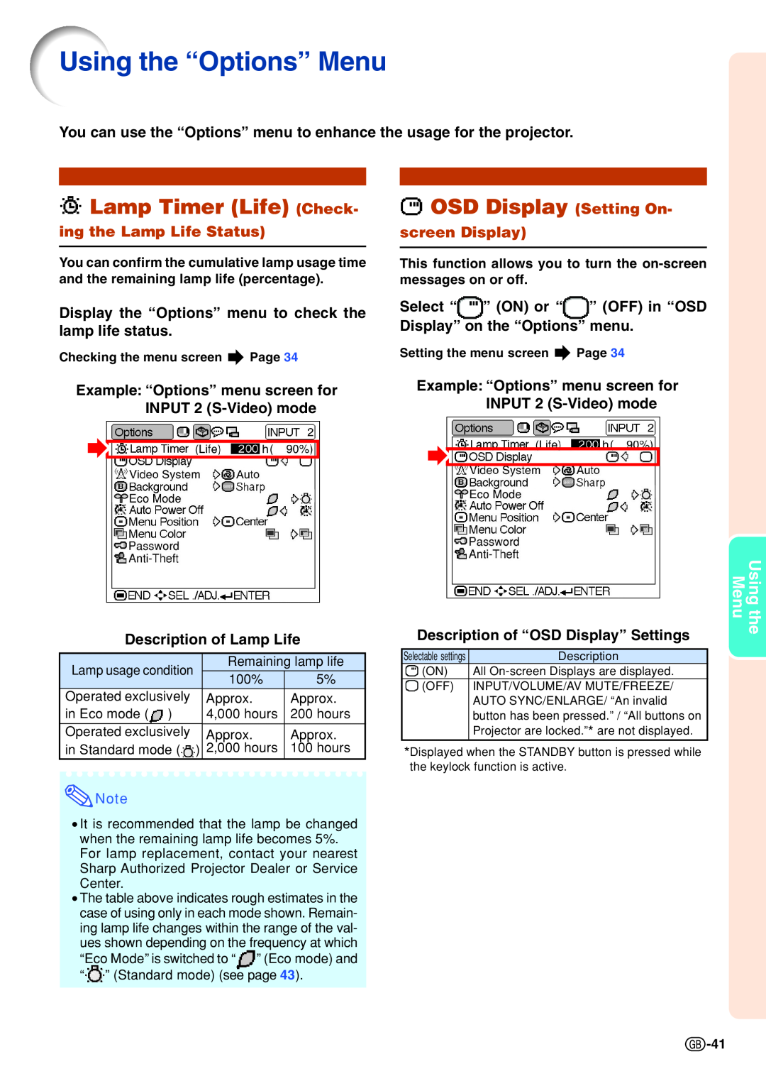 Sharp PG-B10S Using the “Options” Menu, Lamp Timer Life Check, ing the Lamp Life Status, Description of Lamp Life 