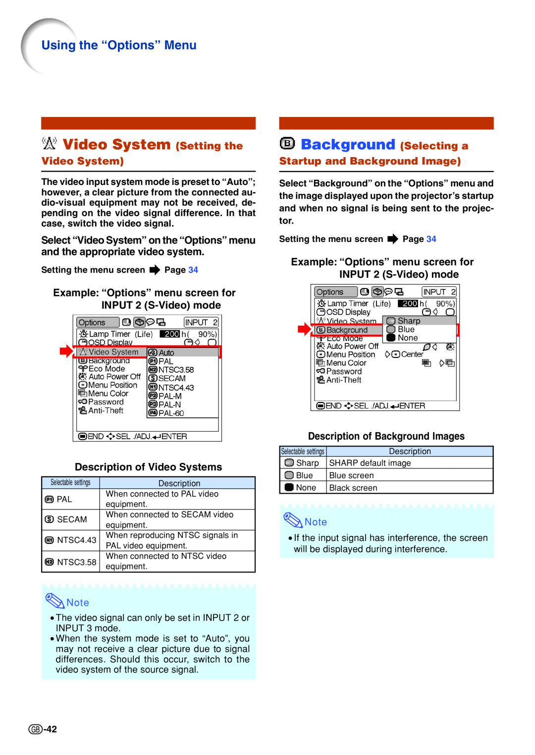 Sharp PG-B10S operation manual Video System Setting the, Using the “Options” Menu, Description of Video Systems 