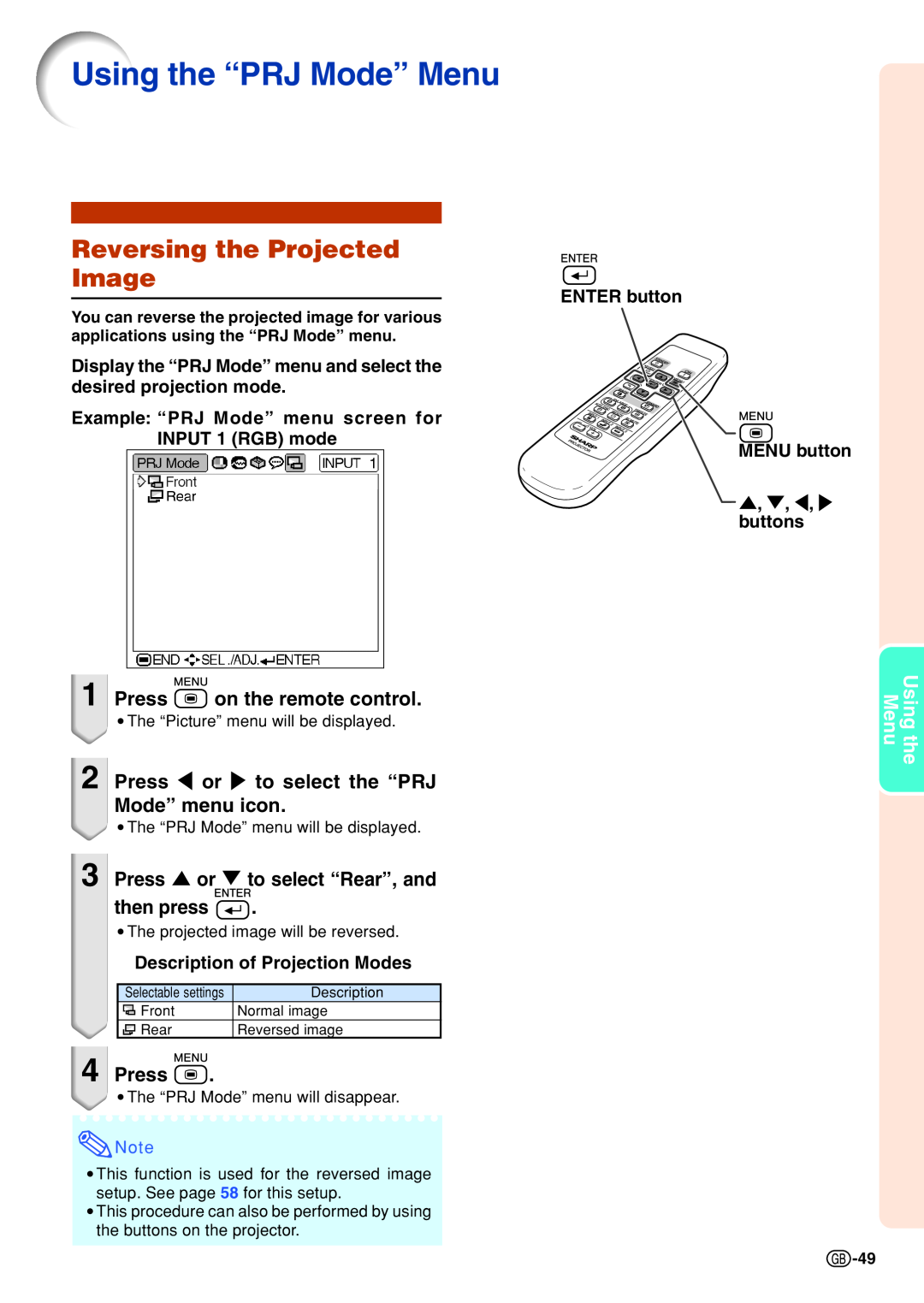 Sharp PG-B10S Using the “PRJ Mode” Menu, Reversing the Projected Image, Press \ or to select the “PRJ Mode” menu icon 