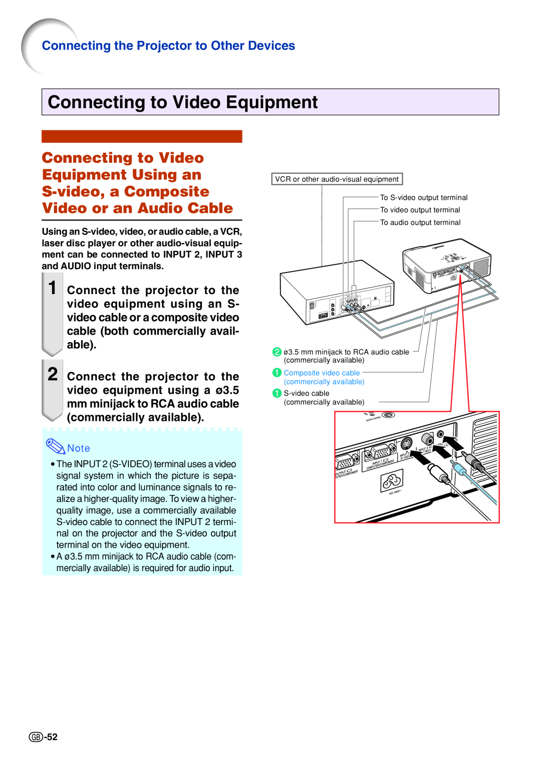 Sharp PG-B10S operation manual Connecting to Video Equipment, Connecting the Projector to Other Devices 