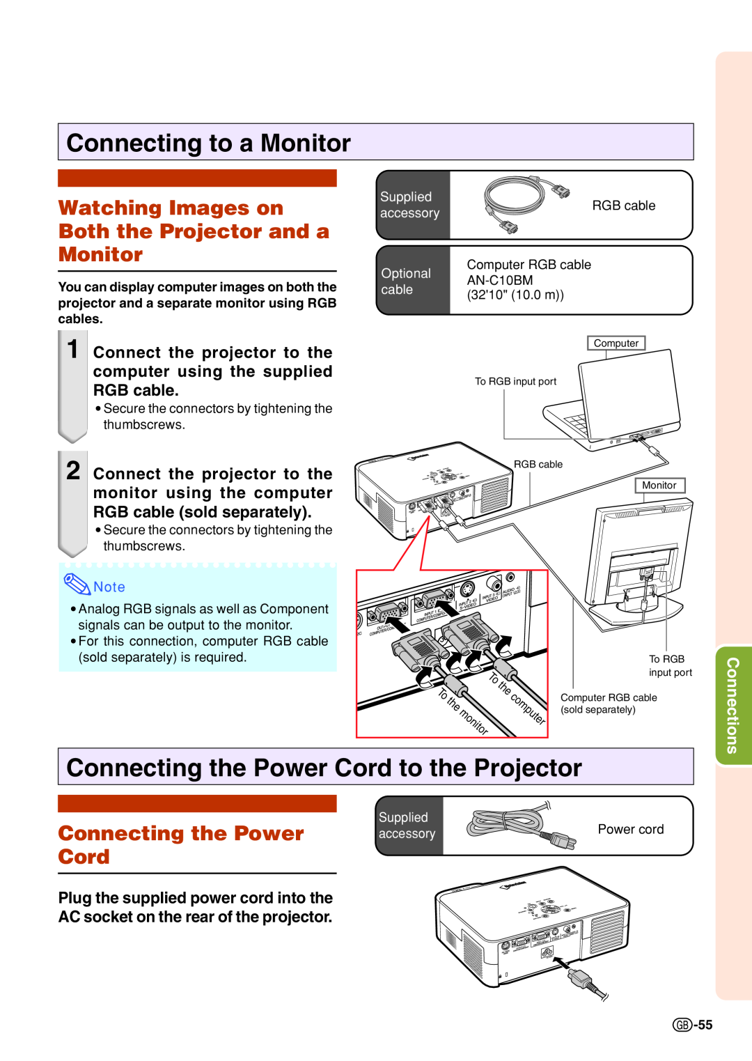 Sharp PG-B10S Connecting to a Monitor, Connecting the Power Cord to the Projector, Plug the supplied power cord into the 