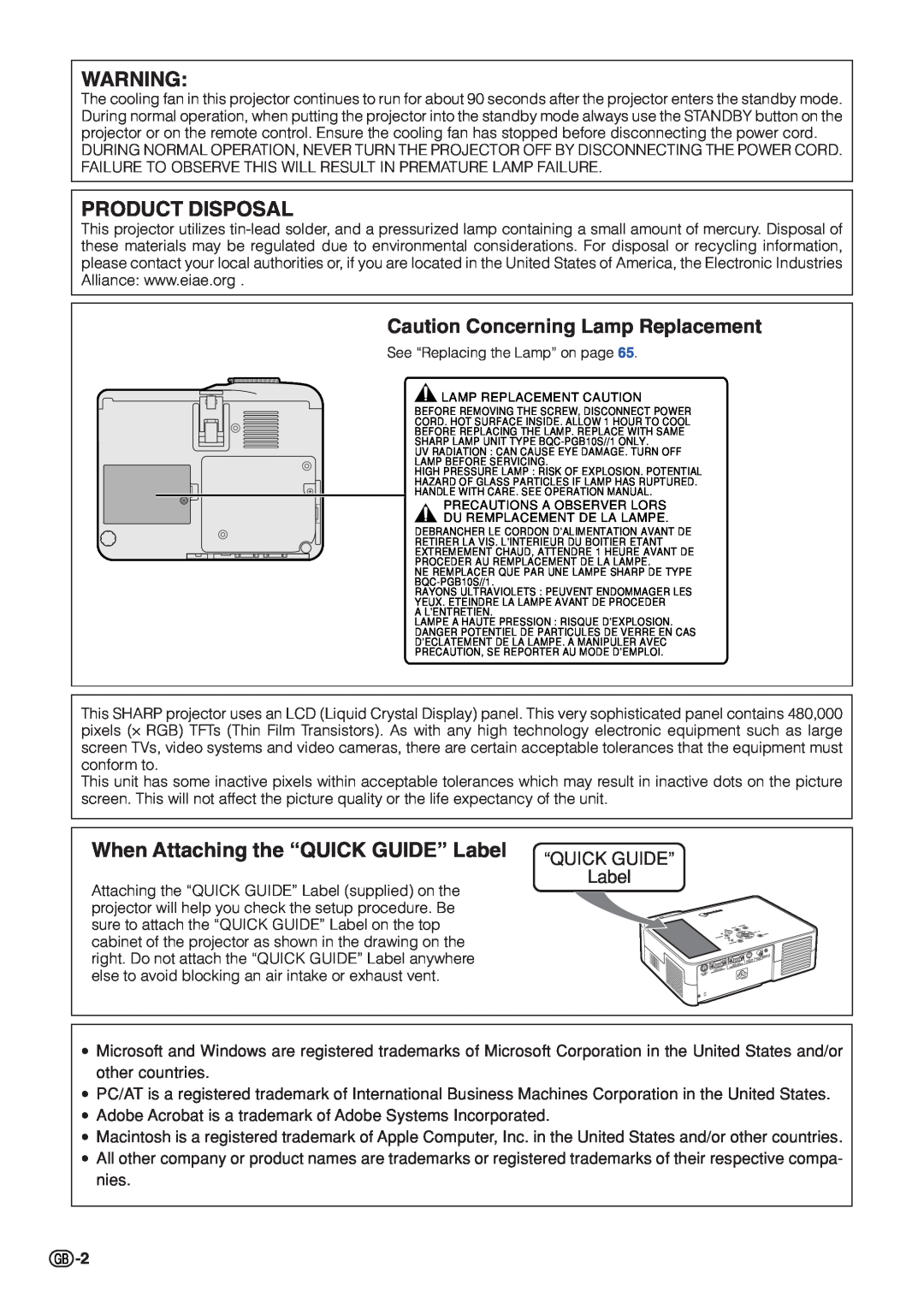 Sharp PG-B10S Product Disposal, Caution Concerning Lamp Replacement, When Attaching the “QUICK GUIDE” Label 