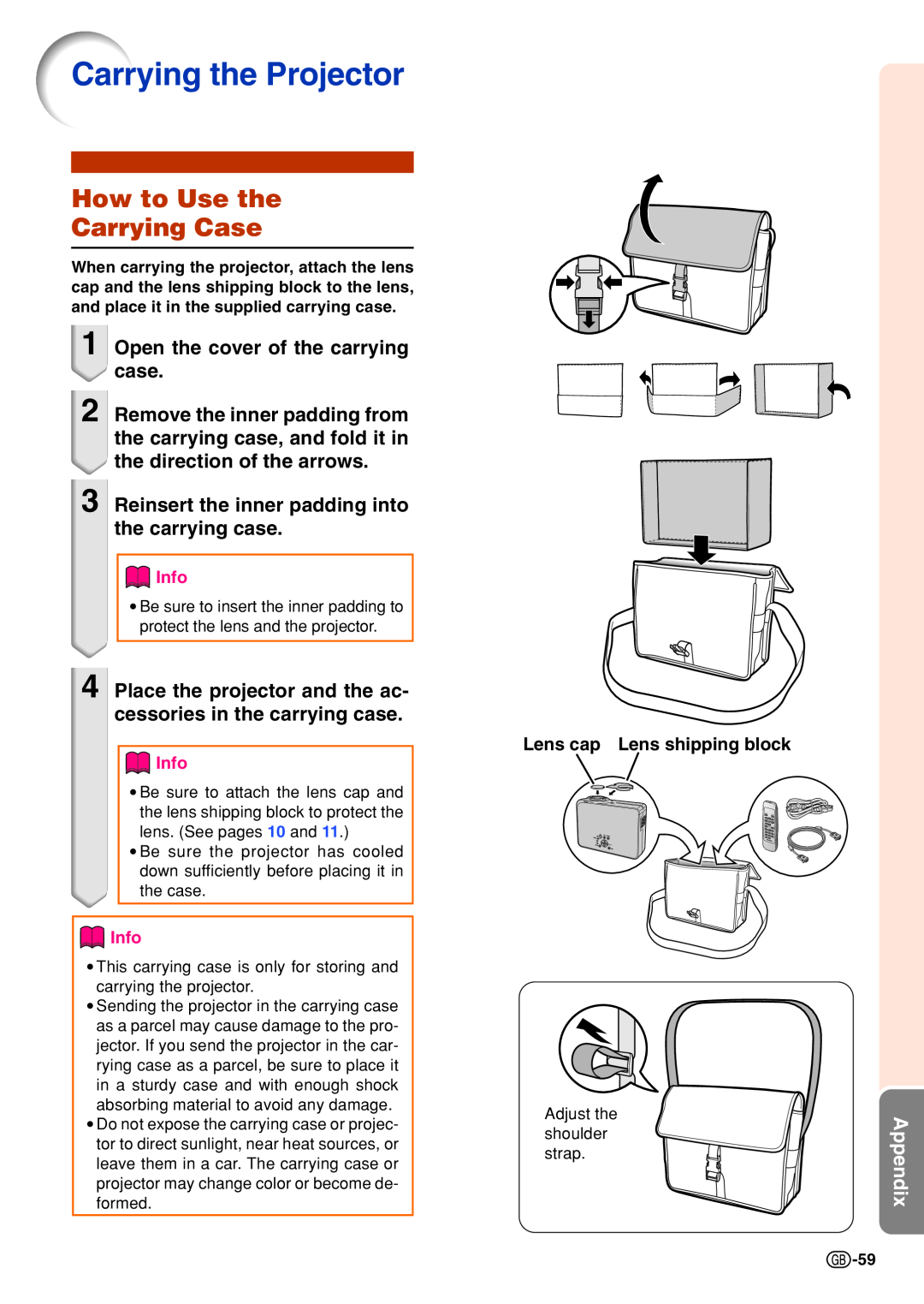 Sharp PG-B10S Carrying the Projector, How to Use the Carrying Case, Open the cover of the carrying case, Appendix, Info 