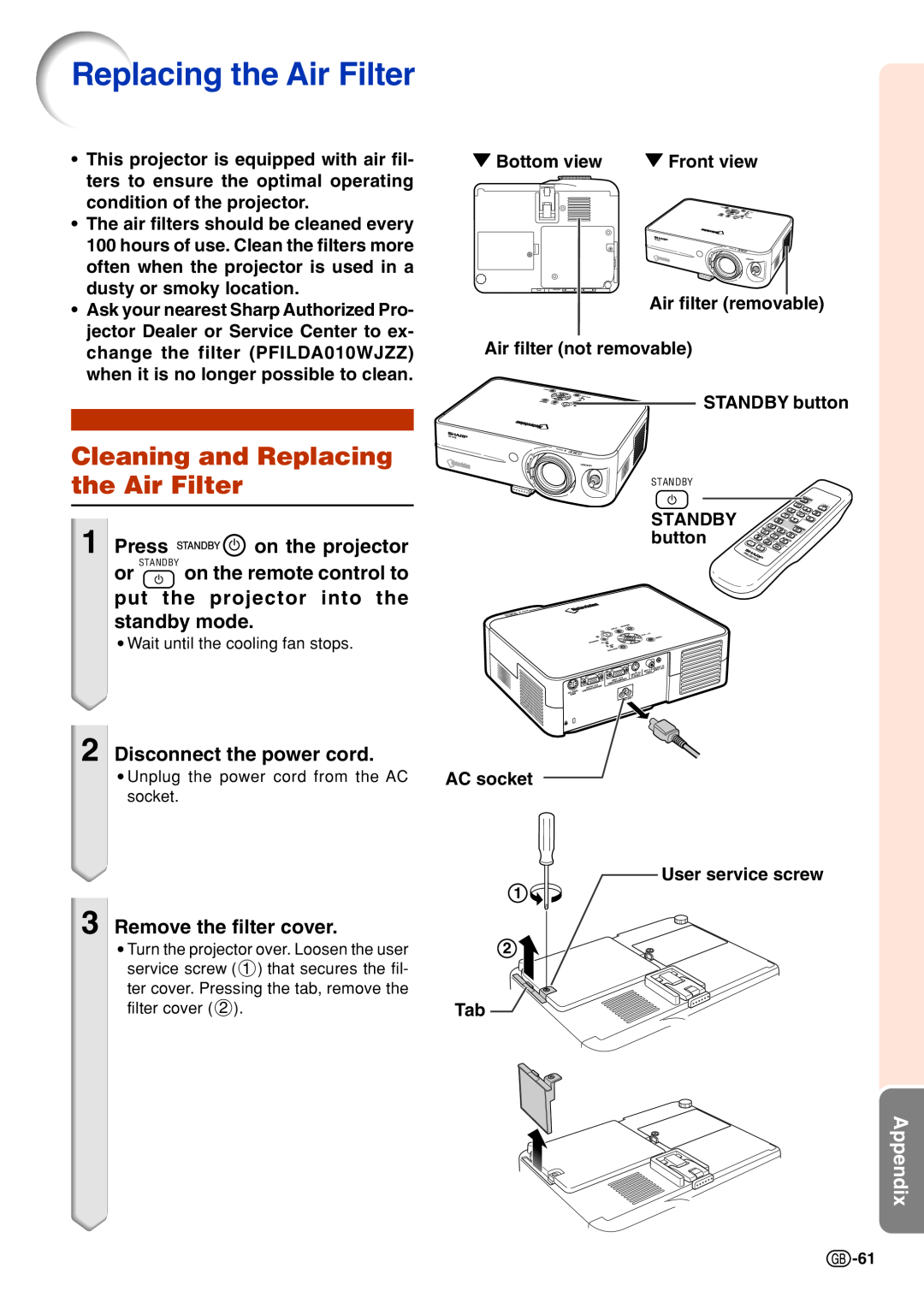 Sharp PG-B10S Cleaning and Replacing the Air Filter, put the projector into the standby mode, Remove the filter cover 