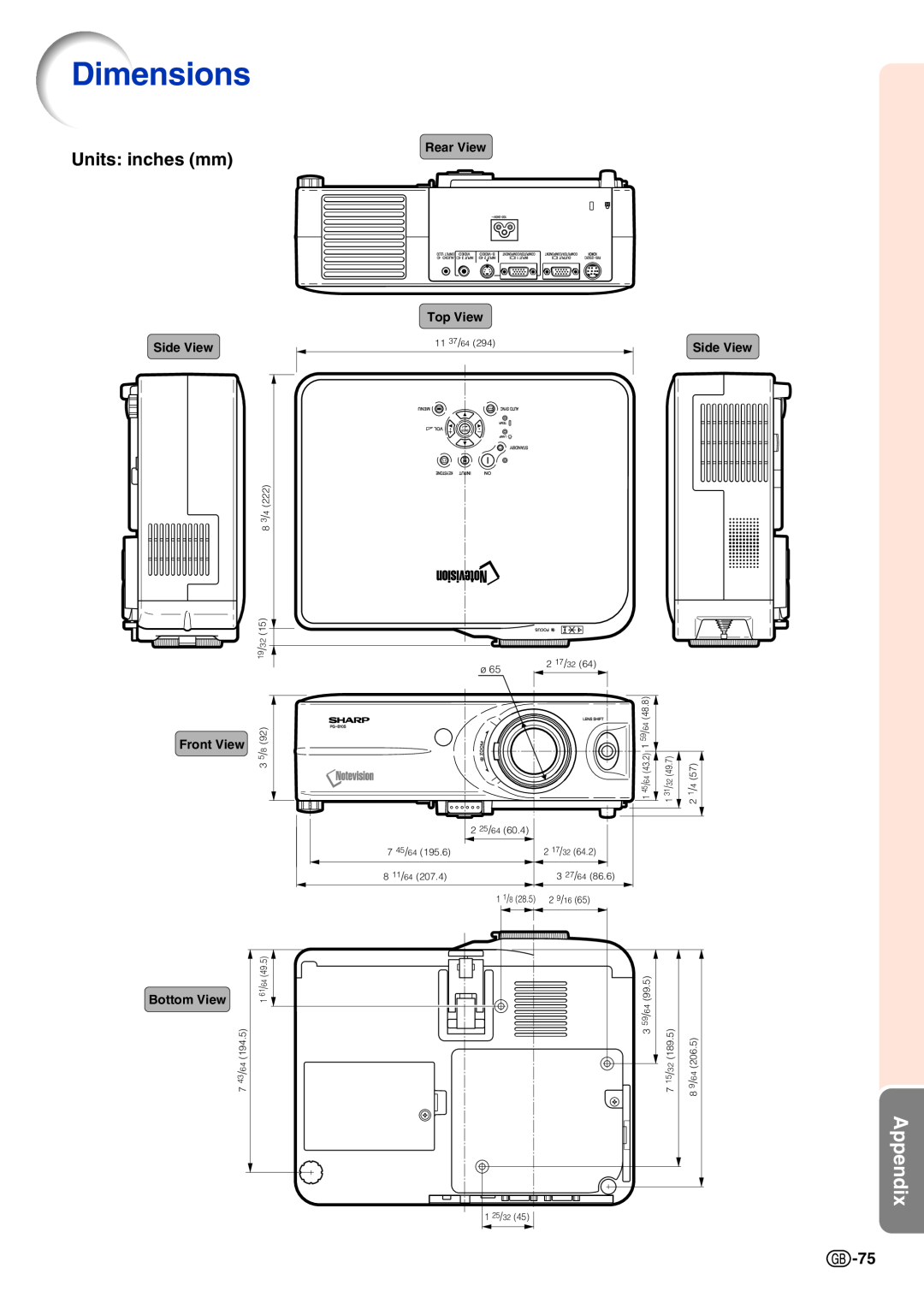 Sharp PG-B10S Dimensions, Units inches mm, Appendix, Rear View, Side View Front View, Top View, Bottom View 