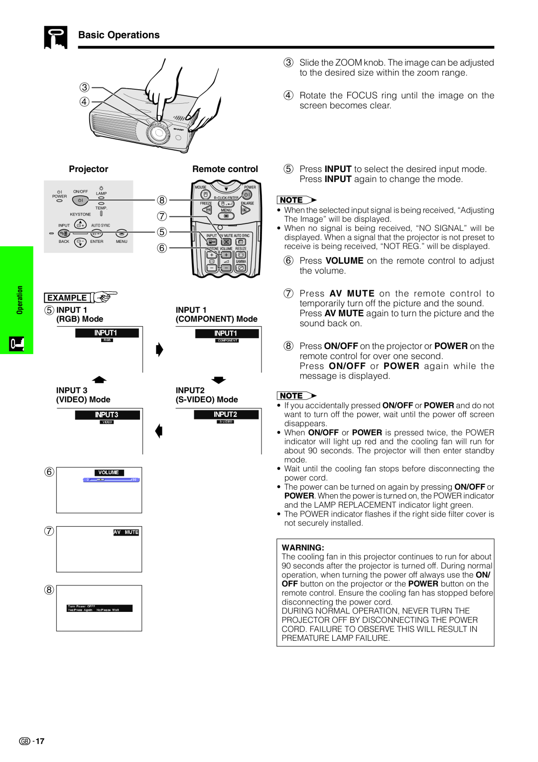Sharp PG-C20XE appendix Basic Operations, Projector, Remote control 