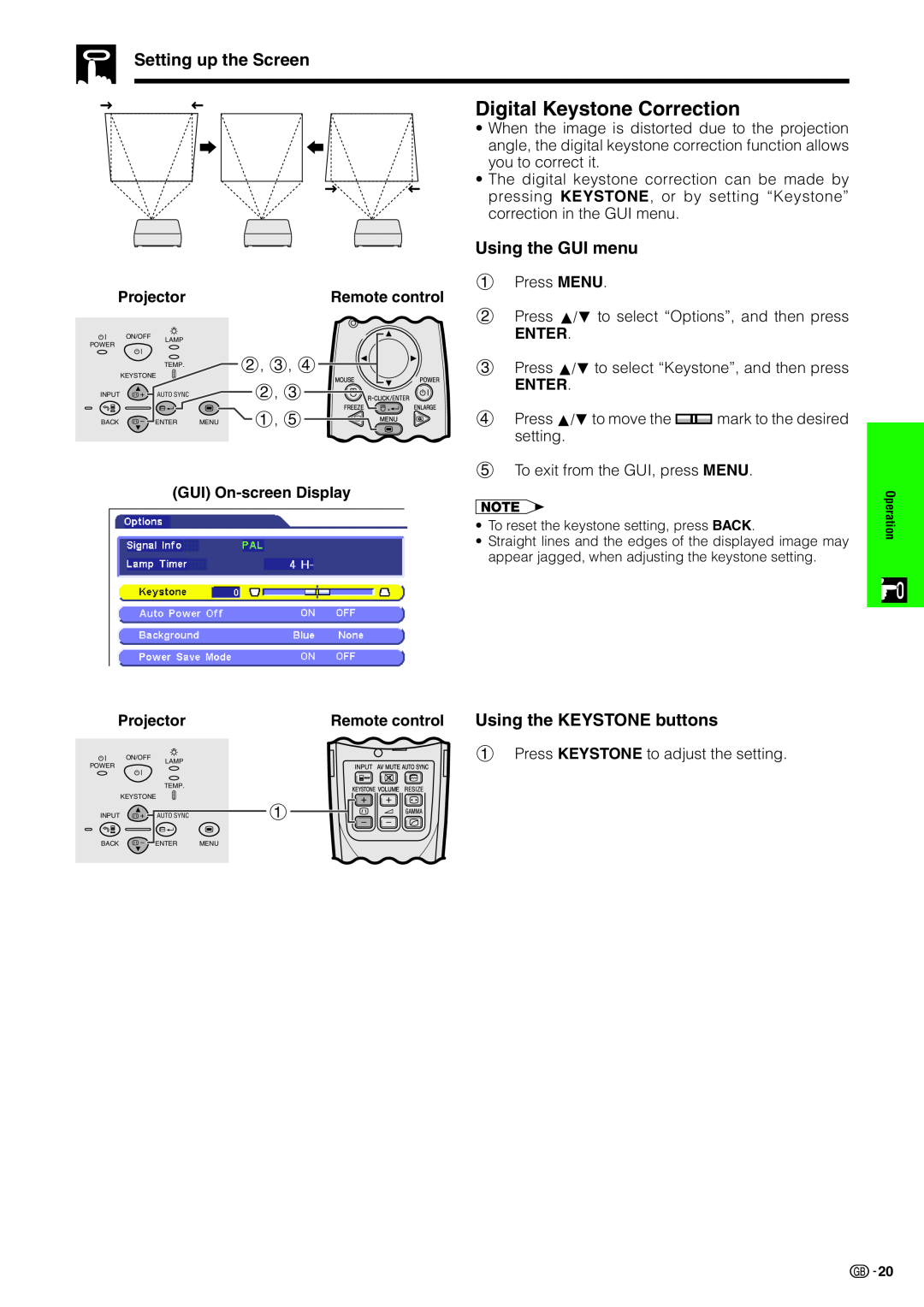 Sharp PG-C20XE Digital Keystone Correction, Setting up the Screen, Using the GUI menu, Projector, Remote control, Enter 