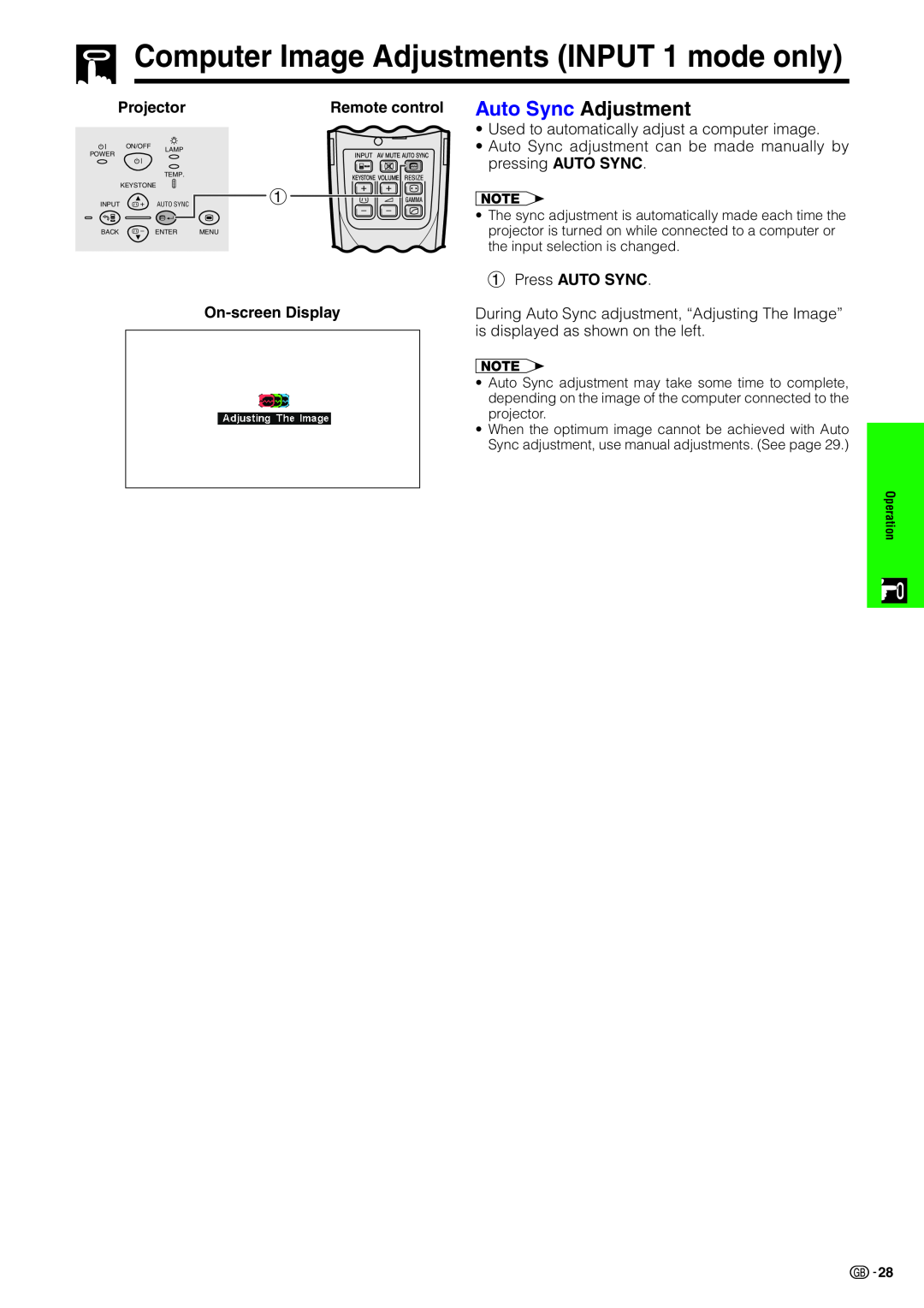 Sharp PG-C20XE appendix Computer Image Adjustments INPUT 1 mode only, Projector, Remote control Auto Sync Adjustment 