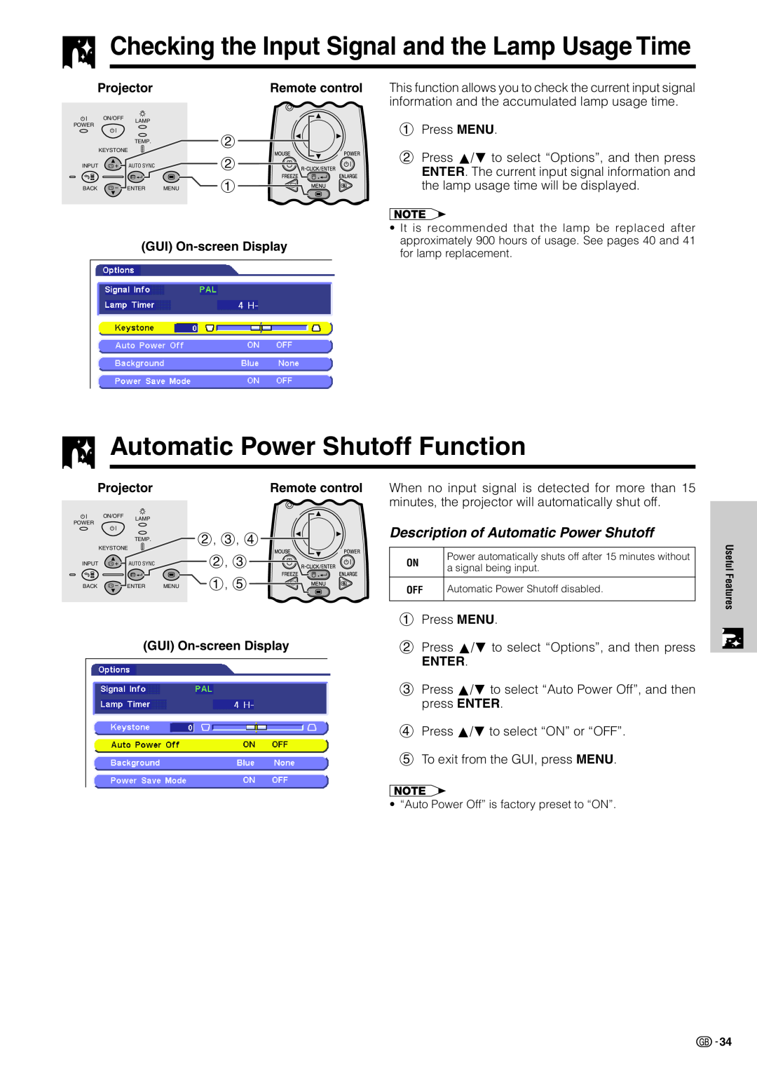 Sharp PG-C20XE Automatic Power Shutoff Function, Checking the Input Signal and the Lamp Usage Time, Projector, Enter 