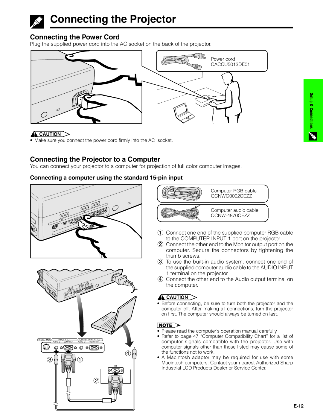 Sharp PG-C20XU operation manual Connecting the Power Cord, Connecting the Projector to a Computer 