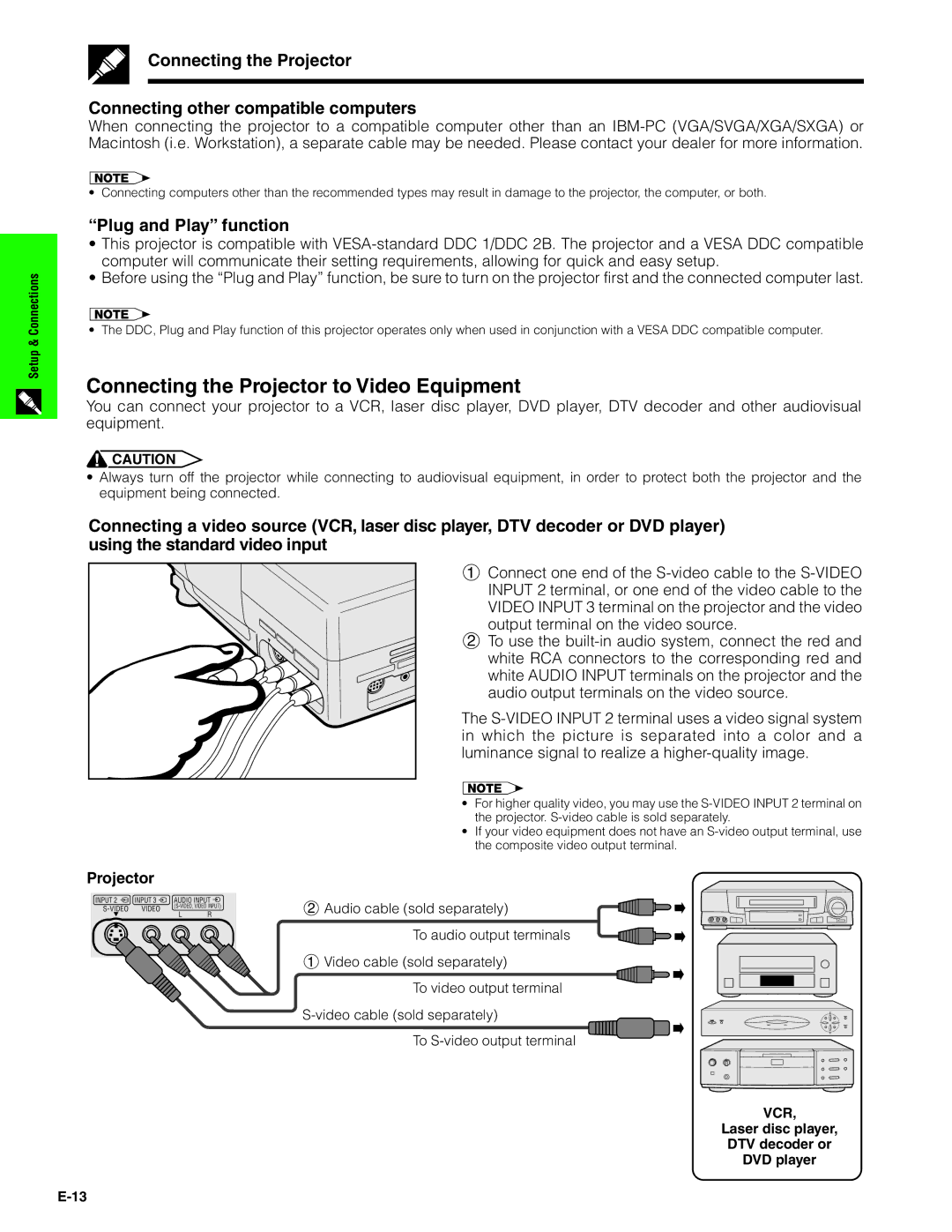 Sharp PG-C20XU operation manual Connecting the Projector to Video Equipment, Plug and Play function 