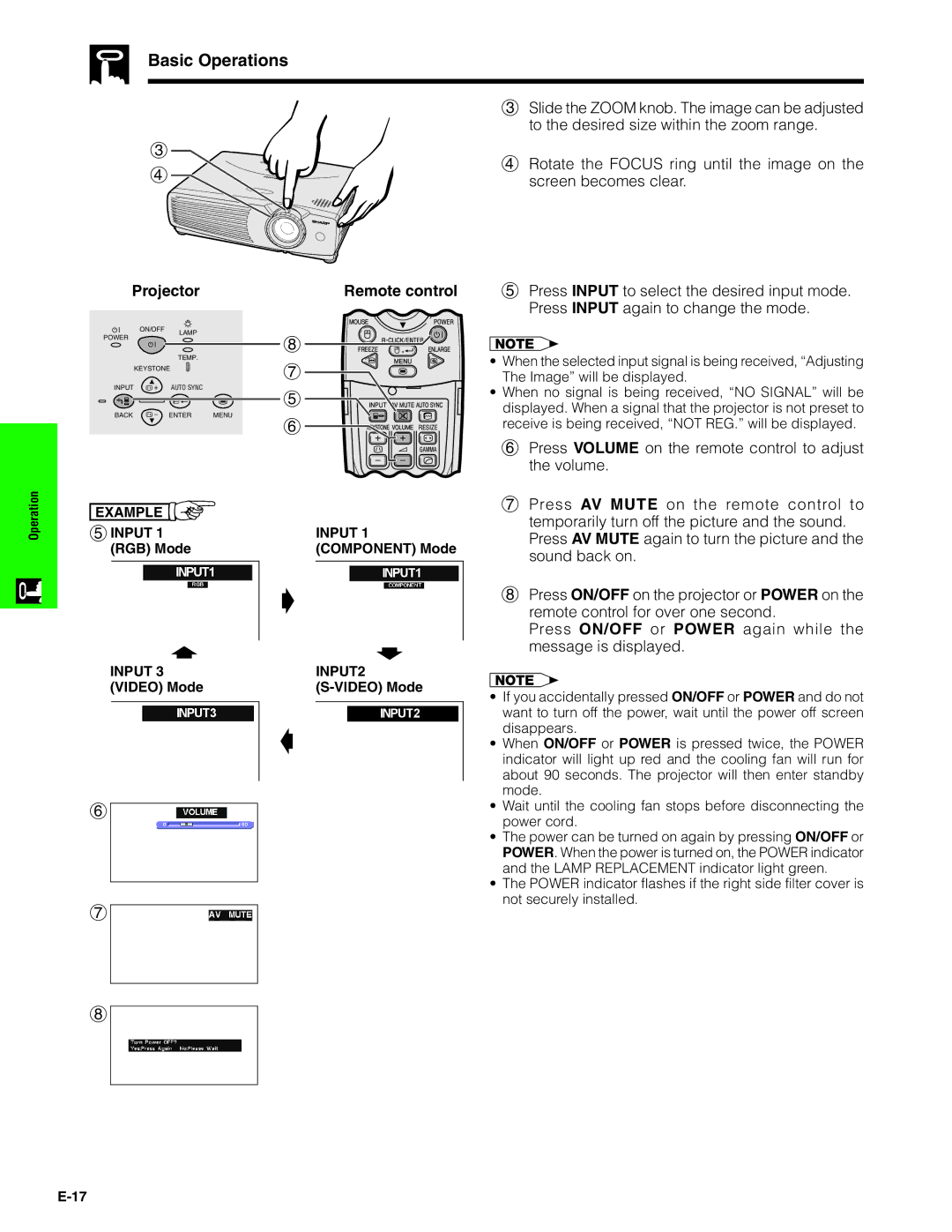 Sharp PG-C20XU operation manual Basic Operations, Projector 