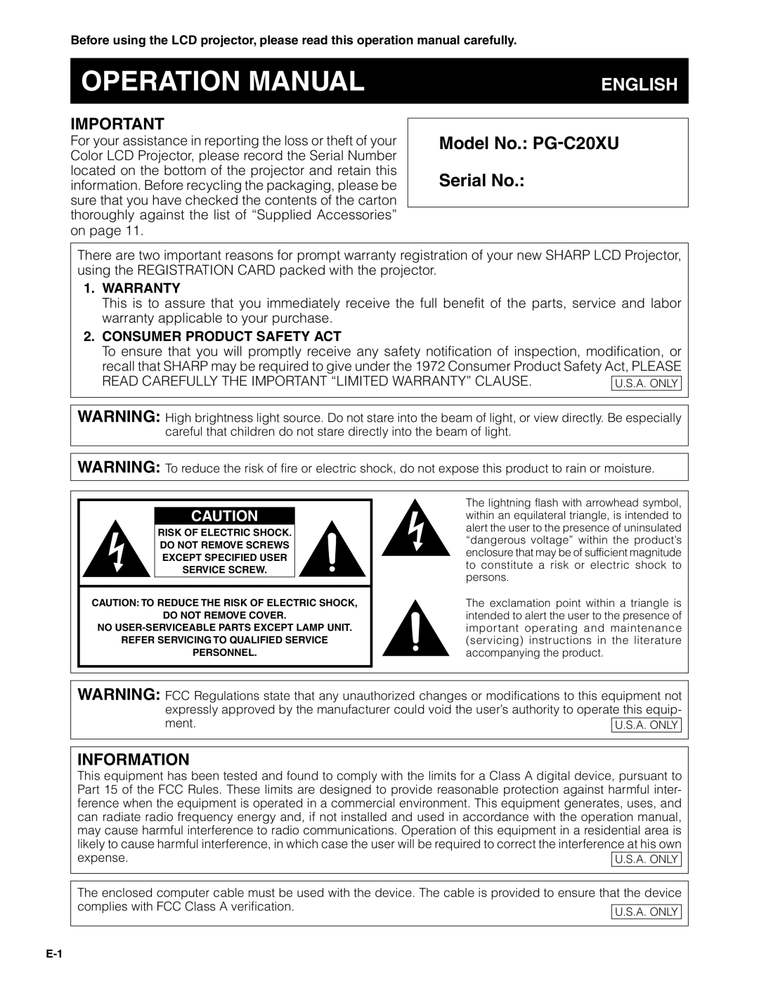 Sharp PG-C20XU operation manual English 