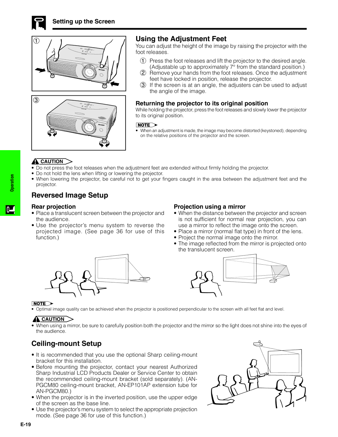 Sharp PG-C20XU operation manual Using the Adjustment Feet, Reversed Image Setup, Ceiling-mount Setup 