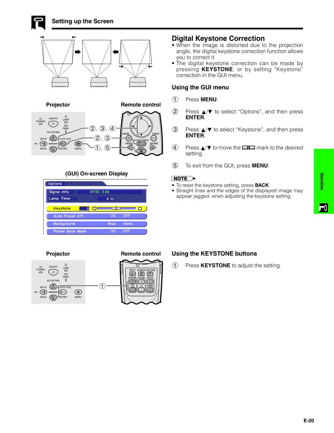 Sharp PG-C20XU operation manual Digital Keystone Correction, Using the GUI menu, Remote control Using the Keystone buttons 