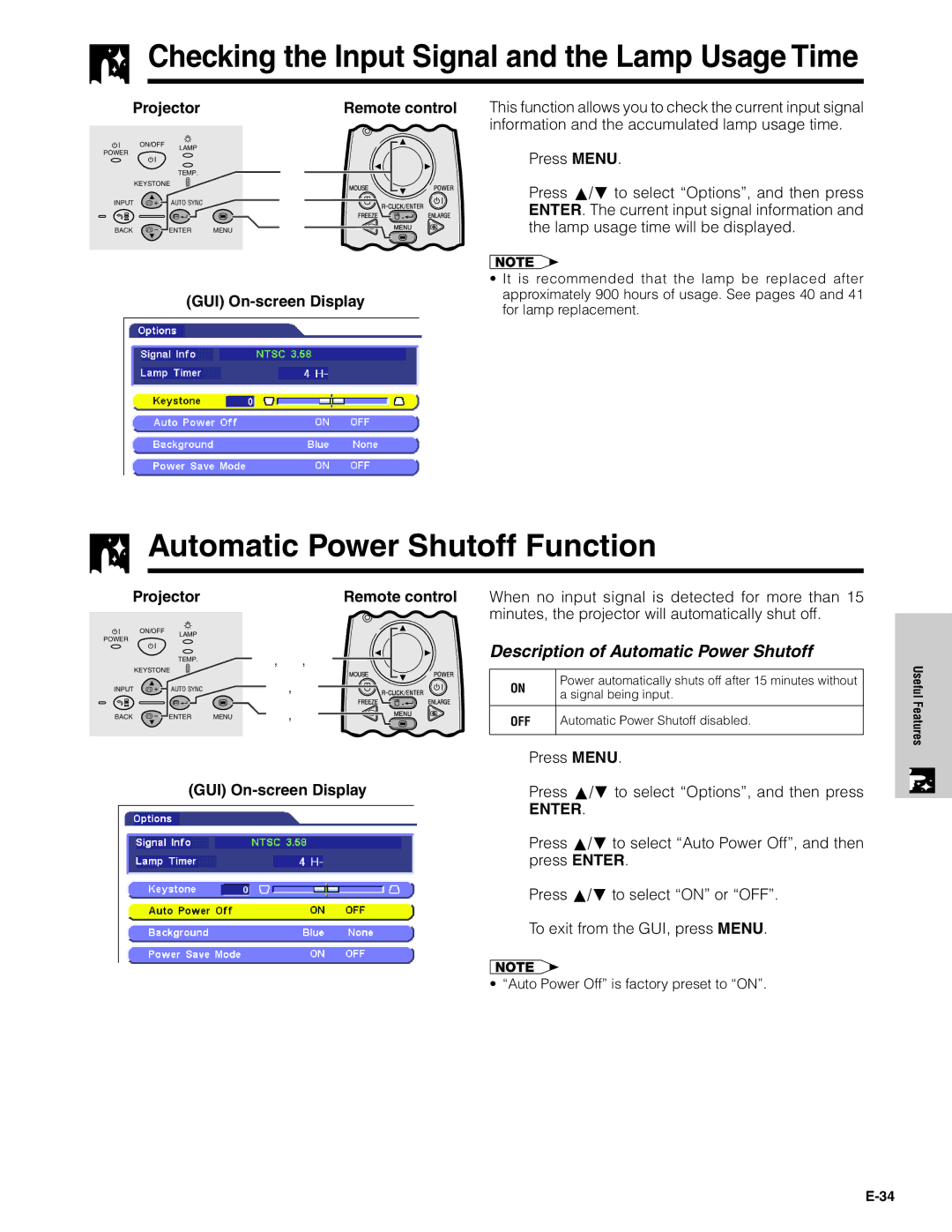 Sharp PG-C20XU operation manual Automatic Power Shutoff Function, Checking the Input Signal and the Lamp Usage Time 