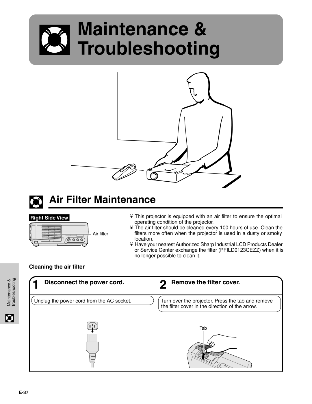 Sharp PG-C20XU operation manual Air Filter Maintenance, Cleaning the air filter 