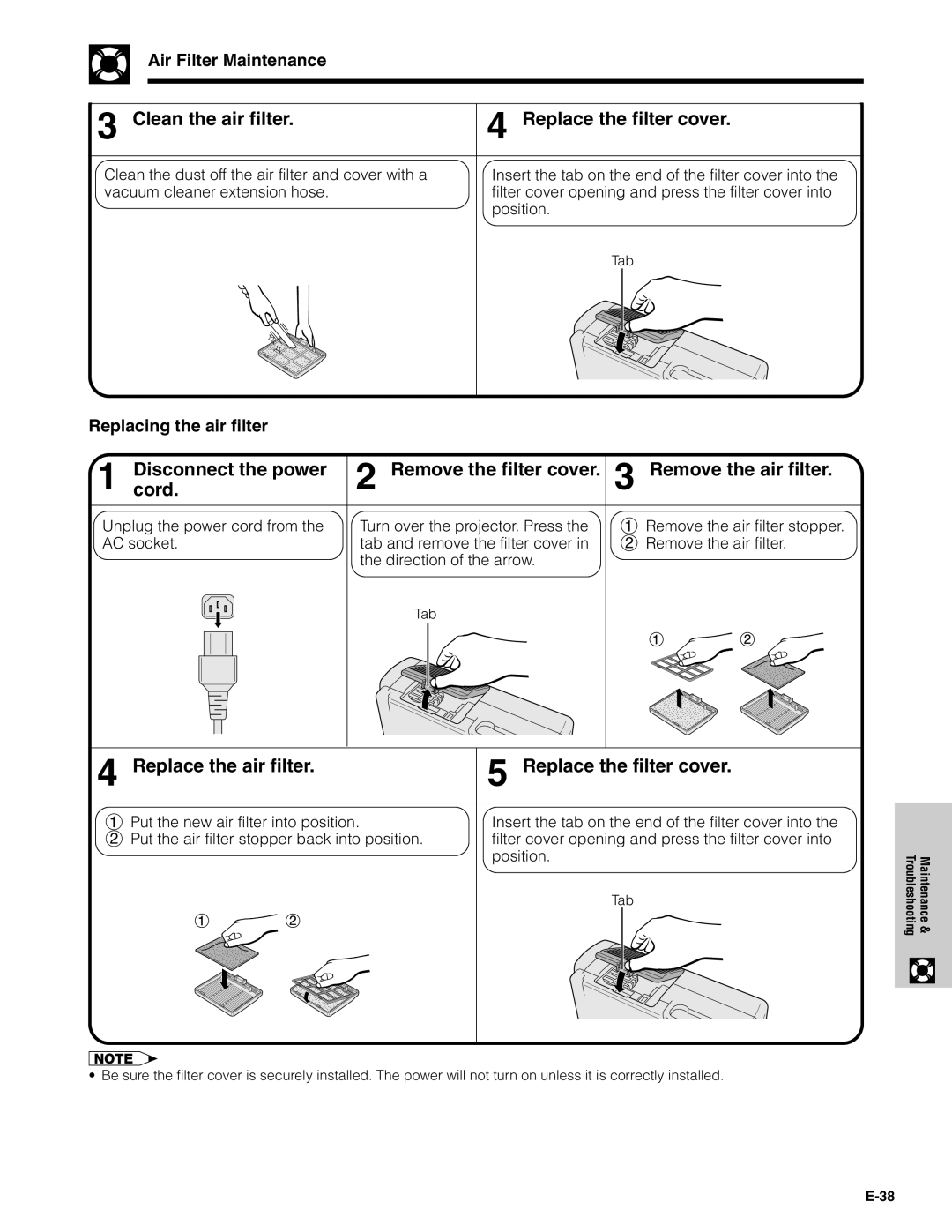 Sharp PG-C20XU operation manual Air Filter Maintenance, Replacing the air filter 