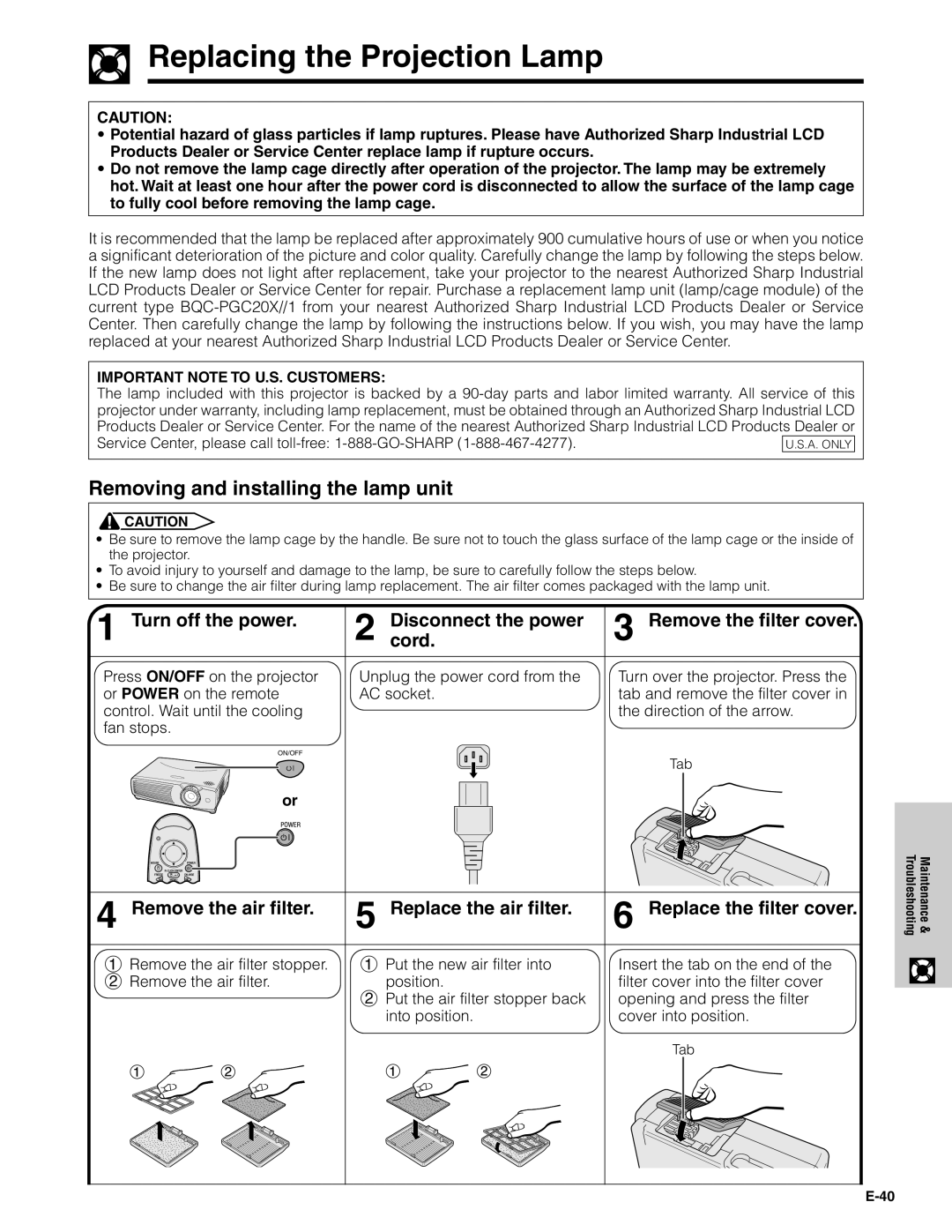 Sharp PG-C20XU Replacing the Projection Lamp, Removing and installing the lamp unit, Cord.Disconnect the power 