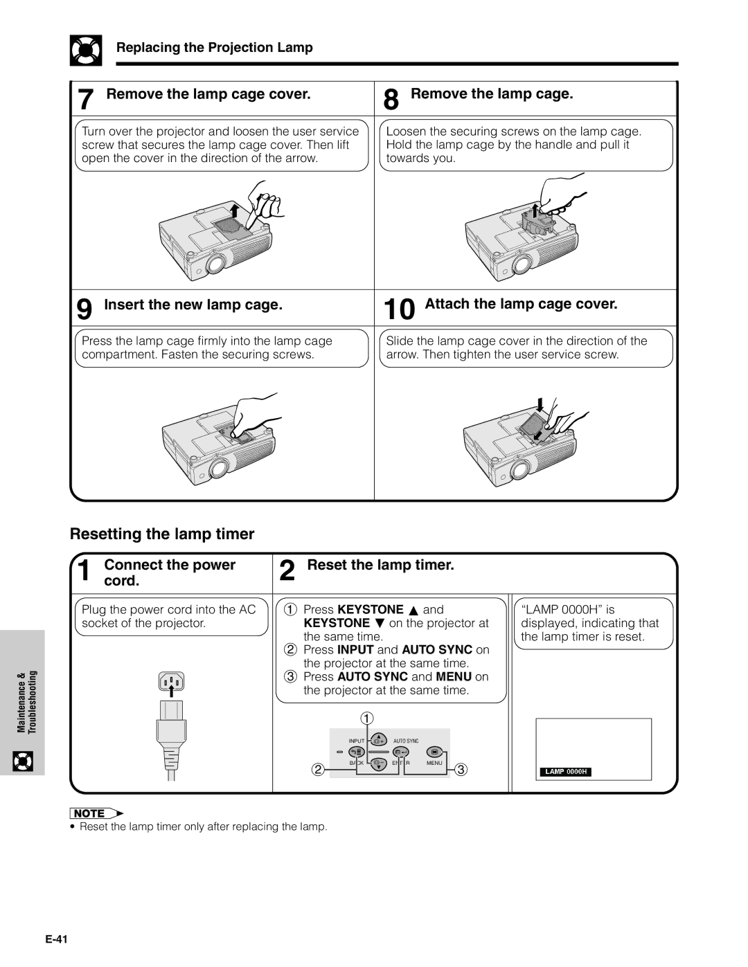 Sharp PG-C20XU operation manual Resetting the lamp timer, Replacing the Projection Lamp, Press Input and Auto Sync on 