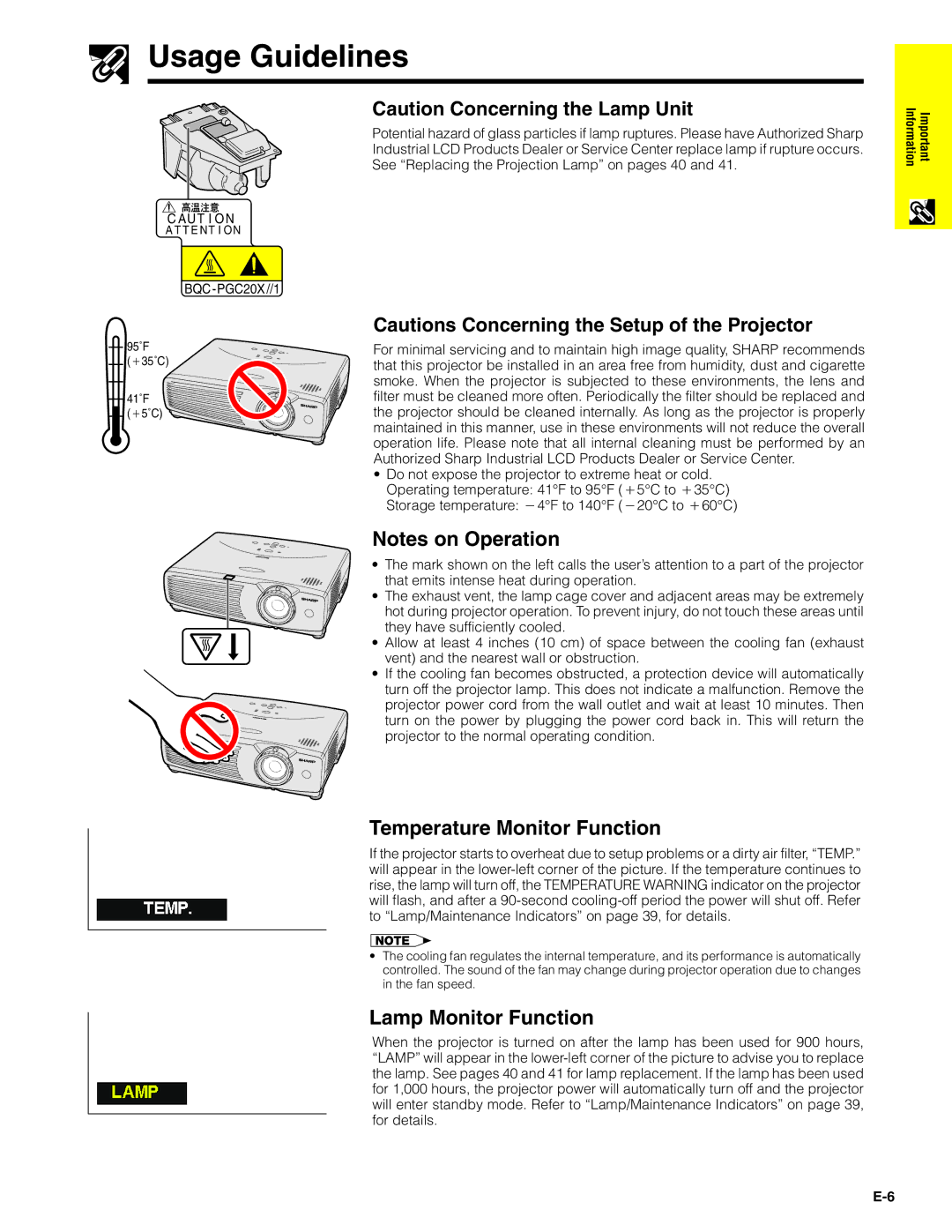 Sharp PG-C20XU operation manual Usage Guidelines, Temperature Monitor Function, Lamp Monitor Function 