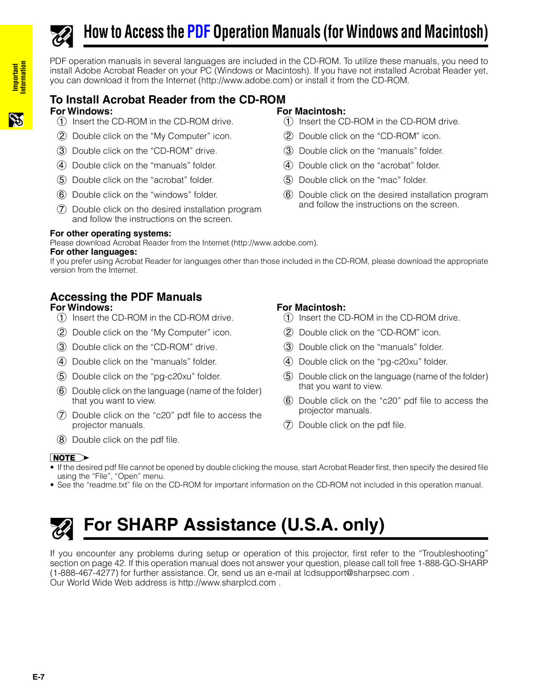 Sharp PG-C20XU For Sharp Assistance U.S.A. only, To Install Acrobat Reader from the CD-ROM, For Windows, For Macintosh 