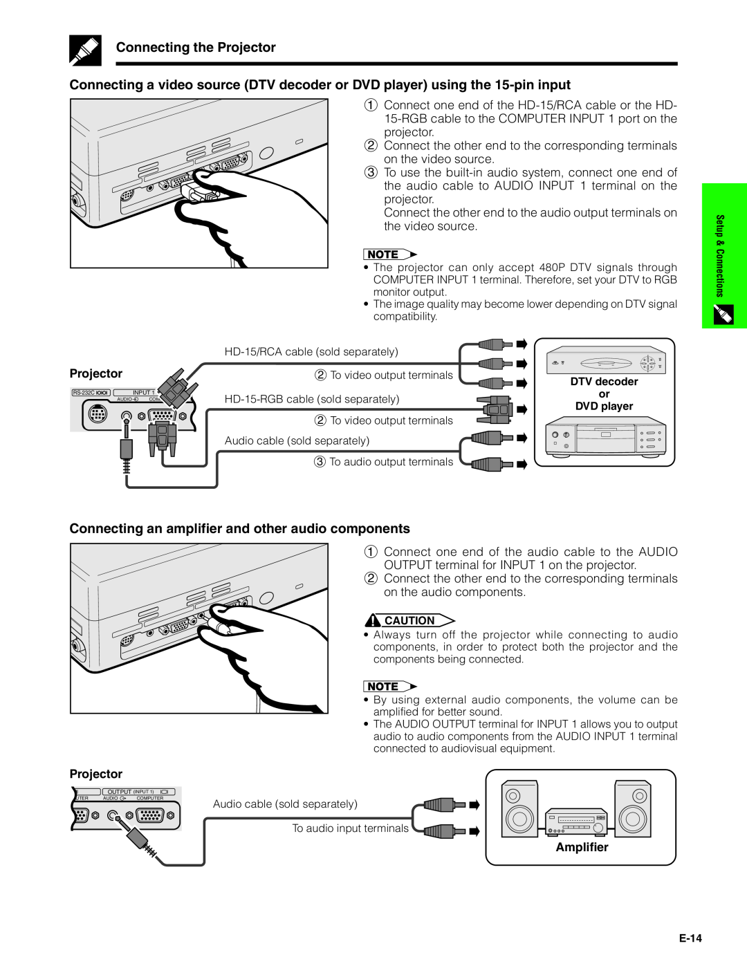Sharp PG-C20XU operation manual Connecting the Projector, Connecting an amplifier and other audio components, Amplifier 